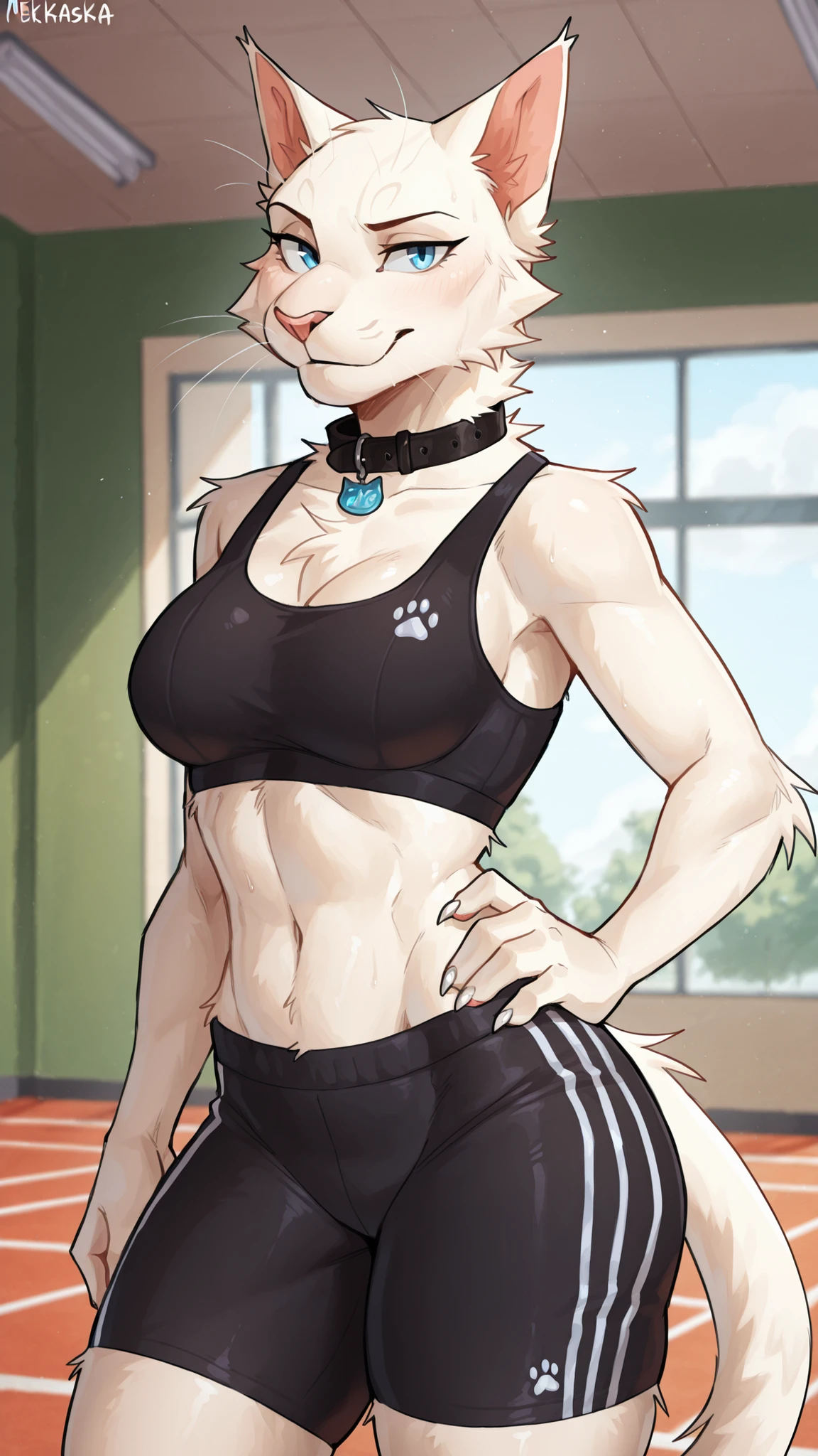 Mekaska, by Mekaska, medium portrait, masterpiece, high quality, detailed, best quality, soft lighting, soft shading, furry, anthro, 1girl, female, solo, cat, white fur, whiskers, white claws, blue eyes, tail, pink nose, black sports bra, black athletic shorts, thin black collar, standing, one hand on the hip, looking at the viewer, gym background, blurred background