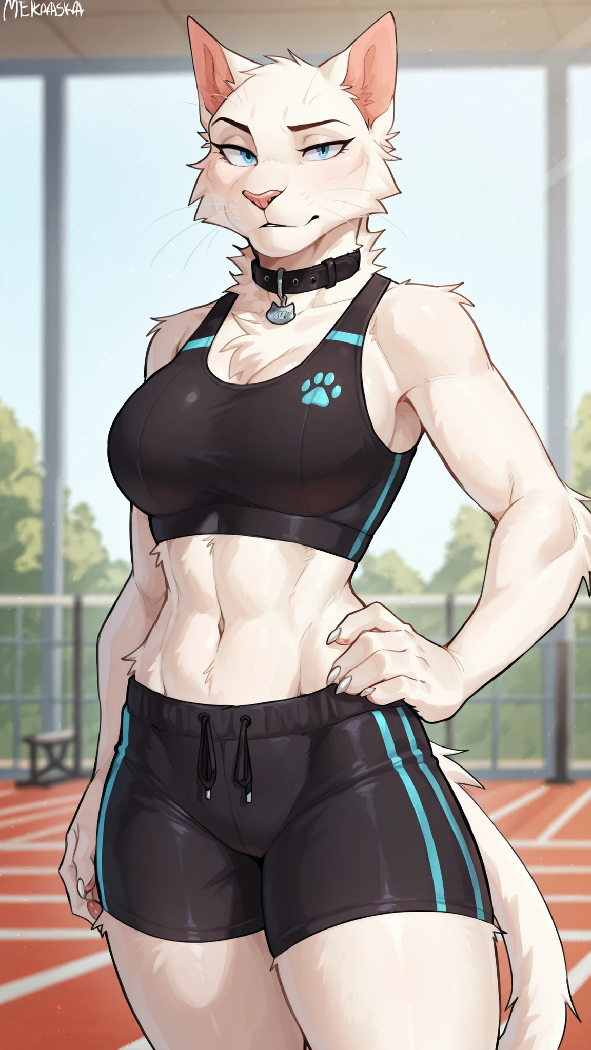 Mekaska, by Mekaska, medium portrait, masterpiece, high quality, detailed, best quality, soft lighting, soft shading, furry, anthro, 1girl, female, solo, cat, white fur, whiskers, white claws, blue eyes, tail, pink nose, black sports bra, black athletic shorts, thin black collar, standing, one hand on the hip, looking at the viewer, gym background, blurred background