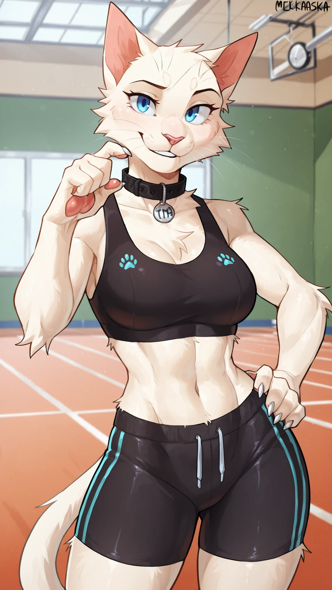 Mekaska, by Mekaska, medium portrait, masterpiece, high quality, detailed, best quality, soft lighting, soft shading, furry, anthro, 1girl, female, solo, cat, white fur, whiskers, white claws, blue eyes, tail, pink nose, black sports bra, black athletic shorts, thin black collar, standing, one hand on the hip, looking at the viewer, happy, gym background, blurred background