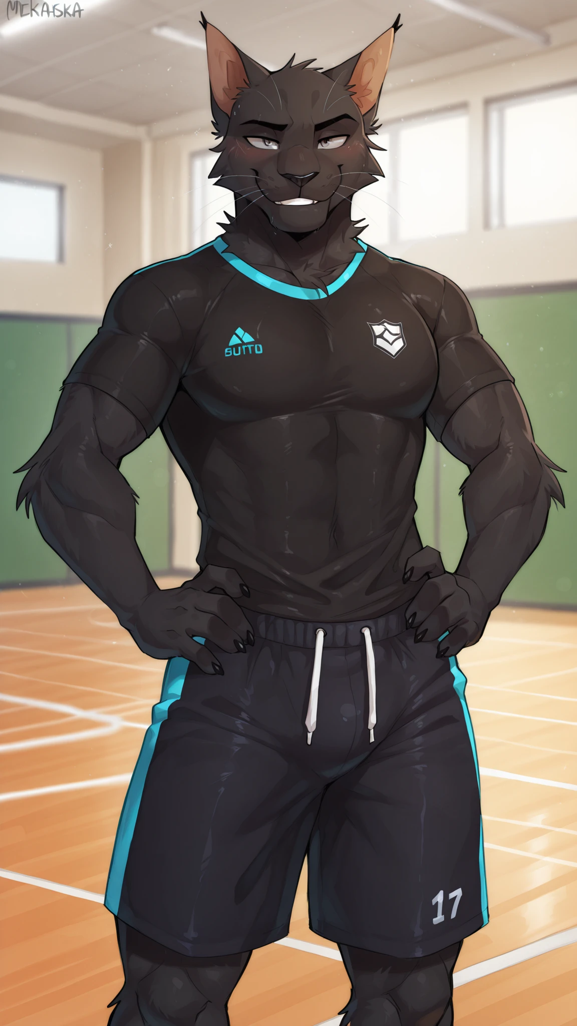 Mekaska, by Mekaska, medium portrait, masterpiece, high quality, detailed, best quality, soft lighting, soft shading, furry, anthro, 1boy, male, solo, cat, black fur, black nose, gray eyes, whiskers, black claws, athletic body, black sports t-shirt, black athletic shorts, standing, hands on hips, looking at the viewer, smiling, gym background, blurred background