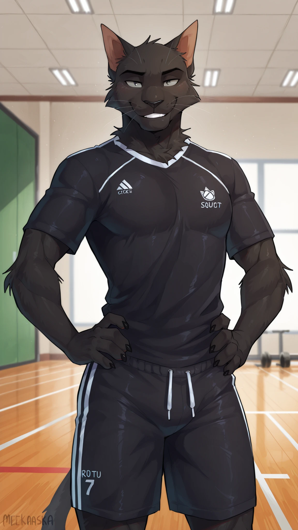 Mekaska, by Mekaska, medium portrait, masterpiece, high quality, detailed, best quality, soft lighting, soft shading, furry, anthro, 1boy, male, solo, cat, black fur, black nose, gray eyes, whiskers, black claws, athletic body, black sports t-shirt, black athletic shorts, standing, hands on hips, looking at the viewer, smiling, gym background, blurred background