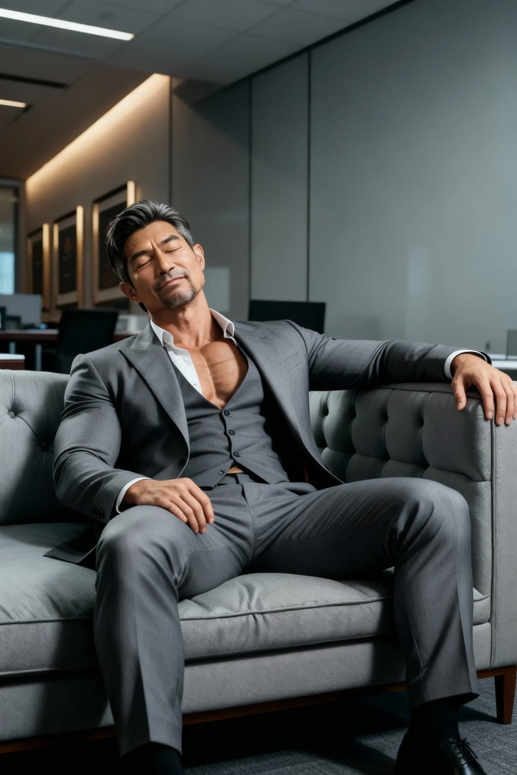 45 yers old，Hidetoshi Nakata，（Kogoro Mouri 1.3），Shirtless，Tong，Bulge，The office is sitting，black long socks，Thin，musculature，lbeard，fortitude，artwork of a，tmasterpiece，k hd，，from the above