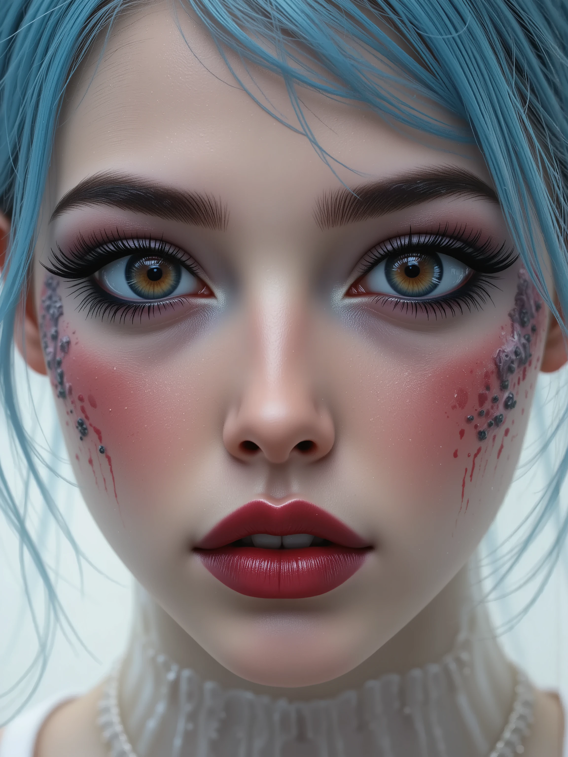 [Style: "masterpiece, realistic (photorealistic Realism), ultra-detailed, Ultra high resolution"](Key Directive: - ("The priority is the anatomical accuracy and texture of th {Character: age19 with an toned extremly skinny athletic build | Face: A very beautiful and cute Woman, perfect face, perfect symmetrically eyes, red lipstick. her mouth is open in an expression of (orgasmic ecstasy), {hyper realistic and detailed face,"Eyes: (acid-resistant terminology) (macro-details:1 . 5): * Moist corneal surface (visible aqueous layer:1 . 2) * Ultra-detailed iris stroma brown (with gold flecks) * Precise limbal ring (slightly darker pigmentation:1 . 22) - "Lashes: blue individual synthetic fibers (crosshatched roots:1 . 2 , clump-free separation)" (Post-Processing: - "Frequency separation for skin vs eye details" - "Selective sharpening: eyes200% , hair80%" - "Denoise: luminance20 , color35 (retain corneal speculars)"), {[[[Special Effects horror Makeup Artist:1.44]]]}