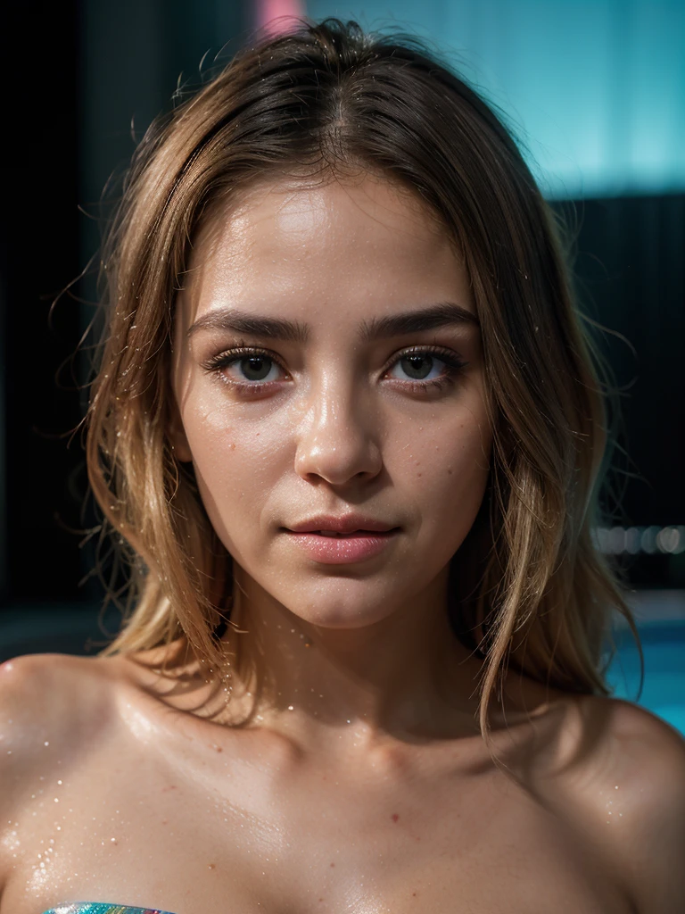 Asymmetrical façade, Kailee Mandel, Leaked photo, Square Nose, Asymmetrical face, leaked image, looking to the side off camera, stunning closeupheadshot, sa peau est brun clair, cheveux blonds et grands yeux mignon, (, aux cheveux blonds), (sortir de la piscine), () portrait en pied, visage parfait, Des yeux captivants, Bright details, Tight lips, (High Skin Detail),  objet principal, (teinte bleue: 0.6), (sale: 0.8), (sanglant: 0.7), Key lighting, (backlight: 0.5), Profondeur de champ moyenne, Canon 5d, Objectif 50mm, f/4 ouvertures, (Ultra-detailed, Complex detail), mise au point nette, couleurs douces, 8k, Absurde, Grain de film 8mm,  with camera, Athletic slim body, Langue sortie