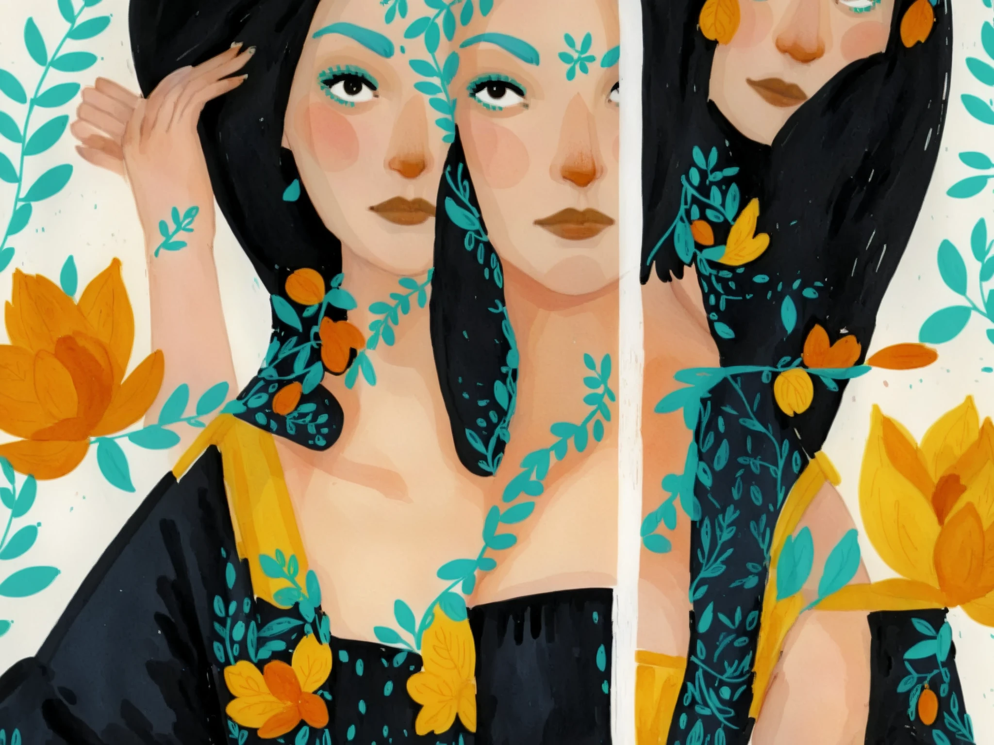 uma garota, black cabelo, pele clara e clara, rosto expressivo, olhos negros,  campo longo_cabelo, wearing a vibrant campo longo peasant medieval dress, roupa detalhada, sketches, thick painting detailed in gouache, illustration, no estilo gougoupaintleaves:1.5, novuschroma04 style
