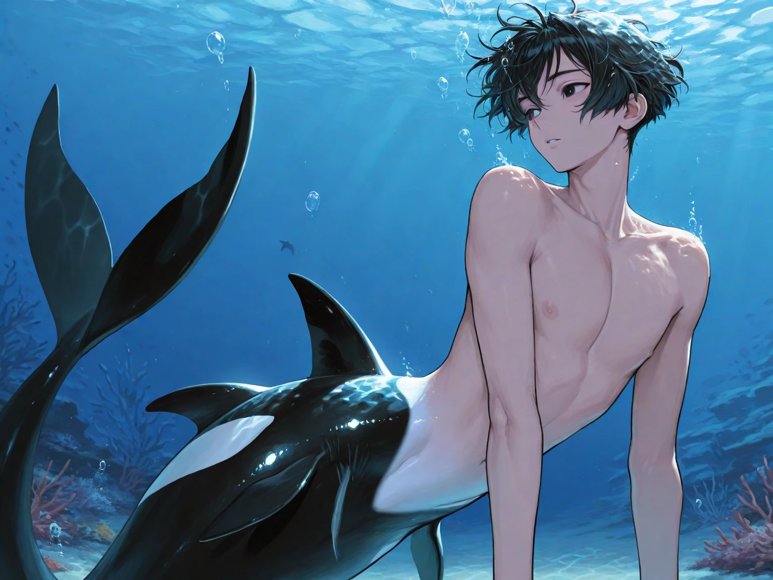 1 boy, whale, tail, ocean, teen, barefoot