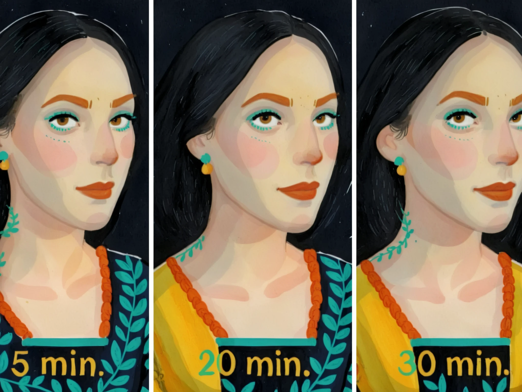 uma garota, black cabelo, pele clara e clara, rosto expressivo, olhos negros, campo longo_cabelo, wearing a vibrant campo longo peasant medieval dress, roupa detalhada, sketches, thick painting detailed in gouache, illustration, no estilo gougoupaintleaves:1.5, novuschroma04 style