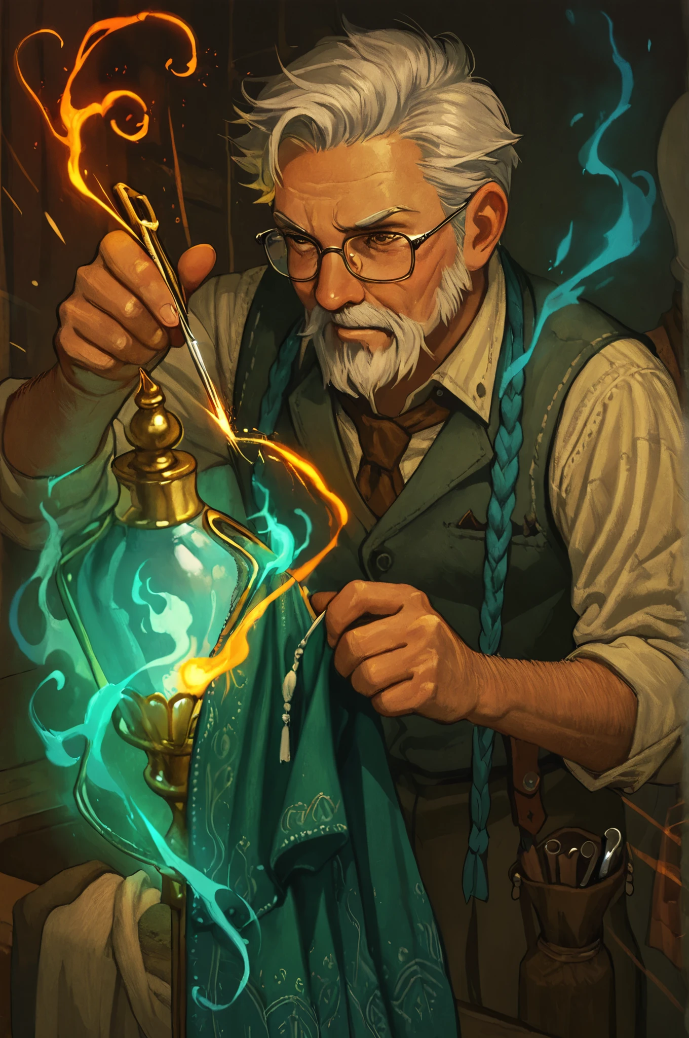 (masterpiece:1.2), 1man, elderly, (silver hair:1.2), Glasses, Careful Tailor, Dark Workshop, Antique Sewing Tool,  Luminous thread, Fragment of a Floating Soul, Sew Turquoise Cloth on a Mannequin with an Orange Magic Needle, Light Swirls Around, Speed Line and Flaming Effects, Dramatic Shading and Brilliant Contrast, Pitch 2:3 angles, Semi-Realistic Illustration