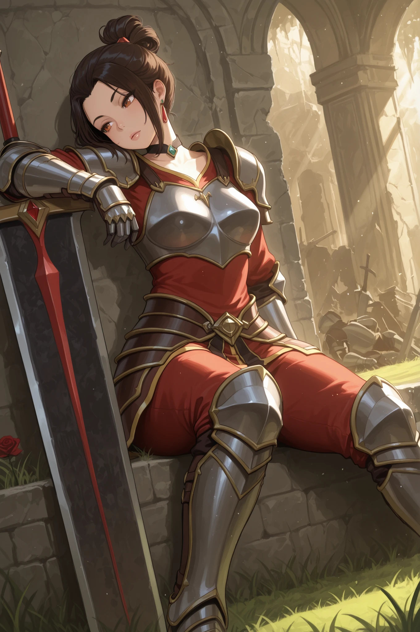 Azula , amber eyes . wavy dark brown hair strands above her shoulders. short hair. small saggy breasts. huge hips. choker. | solo, sitting, earrings, armor, lips, wavy_hair, grass, sleeping,shoulder_armor, gauntlets, pauldrons, red_rose, breastplate, greaves, faulds, knight, full_armor, Leaning on a greatsword, ruins,Injuried,Watercolor, sunlight,sunbeam,Dutch Angle, ,masterpiece,best quality,amazing quality,