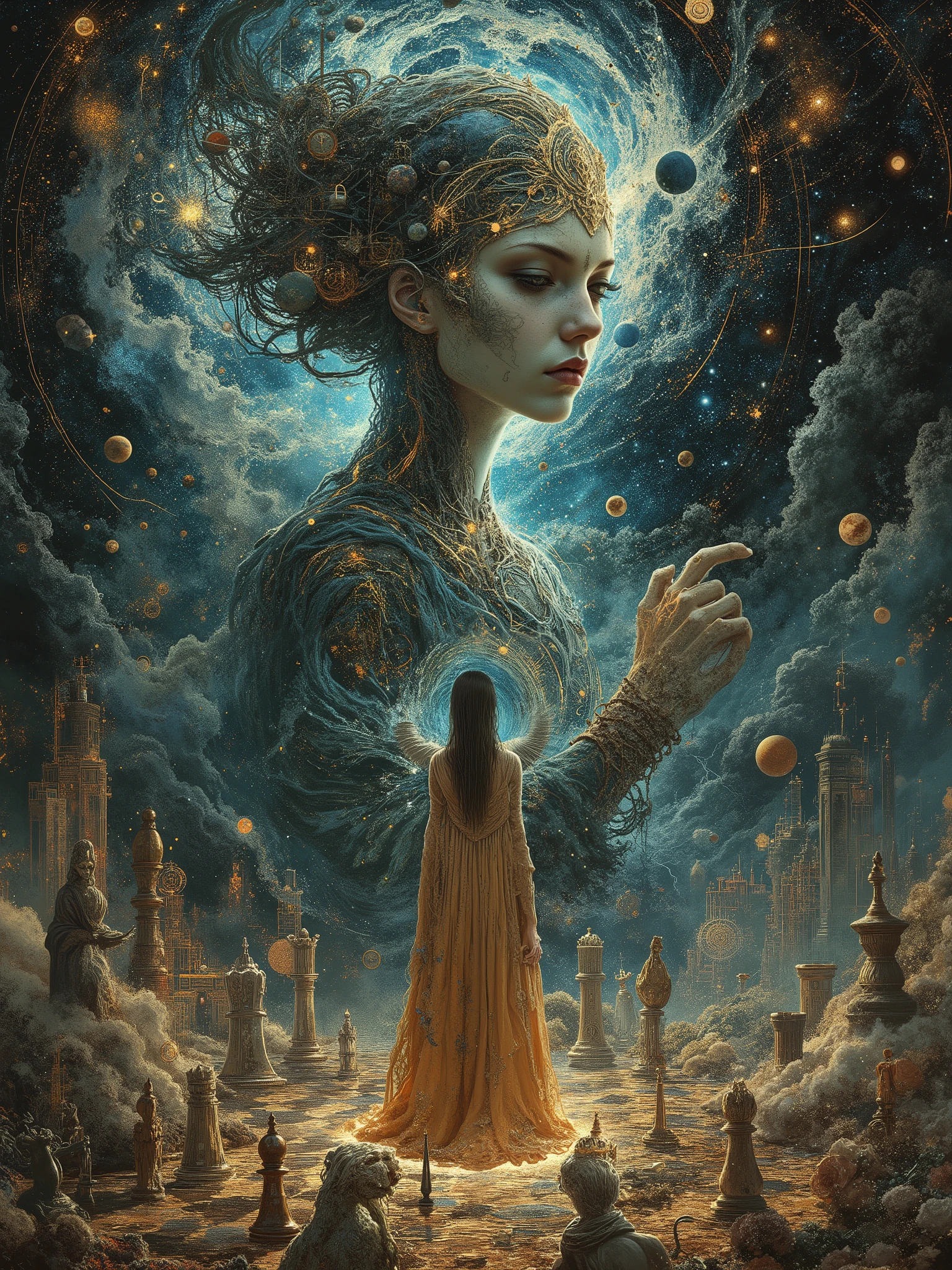 ArsMJStyle, Impressionism,ancientstyle,Masterpiece rendition in an modern Impressionist highly detailed fantasy style of A hauntingly beautiful woman in an ethereal flowing dress plays chess with her own shadow, surrounded by fractured realities. The scene shifts between multiple dimensions, Earth dissolving into a cosmic void, with floating chess pieces morphing into planets and stars. The perspective is unsettling, illuminated by Caravaggio-style chiaroscuro lighting, with extraterrestrial symbols and geometric patterns in the background. Her reflection in antique mirrors reveals alien features. The atmosphere is eerie, with floating timepieces, astronomical instruments, and macabre elements like withering roses and melting chess pieces. A cosmic chessboard stretches infinitely, pieces representing entire worlds, controlled by a goddess made of nebulas and starlight, who manipulates the pieces as the board transforms with each move. The scene pulses with arcane energy, illuminated by lightning, filled with magical realism and deep cinematic atmosphere, all in 8K resolution with hyper-realistic details. Key Elements: Fractured Realities: Earth dissolving into the void, multiple overlapping dimensions. Chess as a Cosmic Game: Pieces transform into celestial bodies, creating a metaphysical game of power and control. Goddess of Nebulas: A powerful female deity controlling the cosmos with a chessboard, each move reshaping reality. Eerie, Symbolic Imagery: Alien features, mystical symbols, decaying roses, and glowing chess pieces. Dramatic Lighting & Cinematic: Influences from Caravaggio and Gustave Doré to create deep shadows and high tension. High Detail: Hyper-realistic textures, vibrant colors, and magical energy effects.