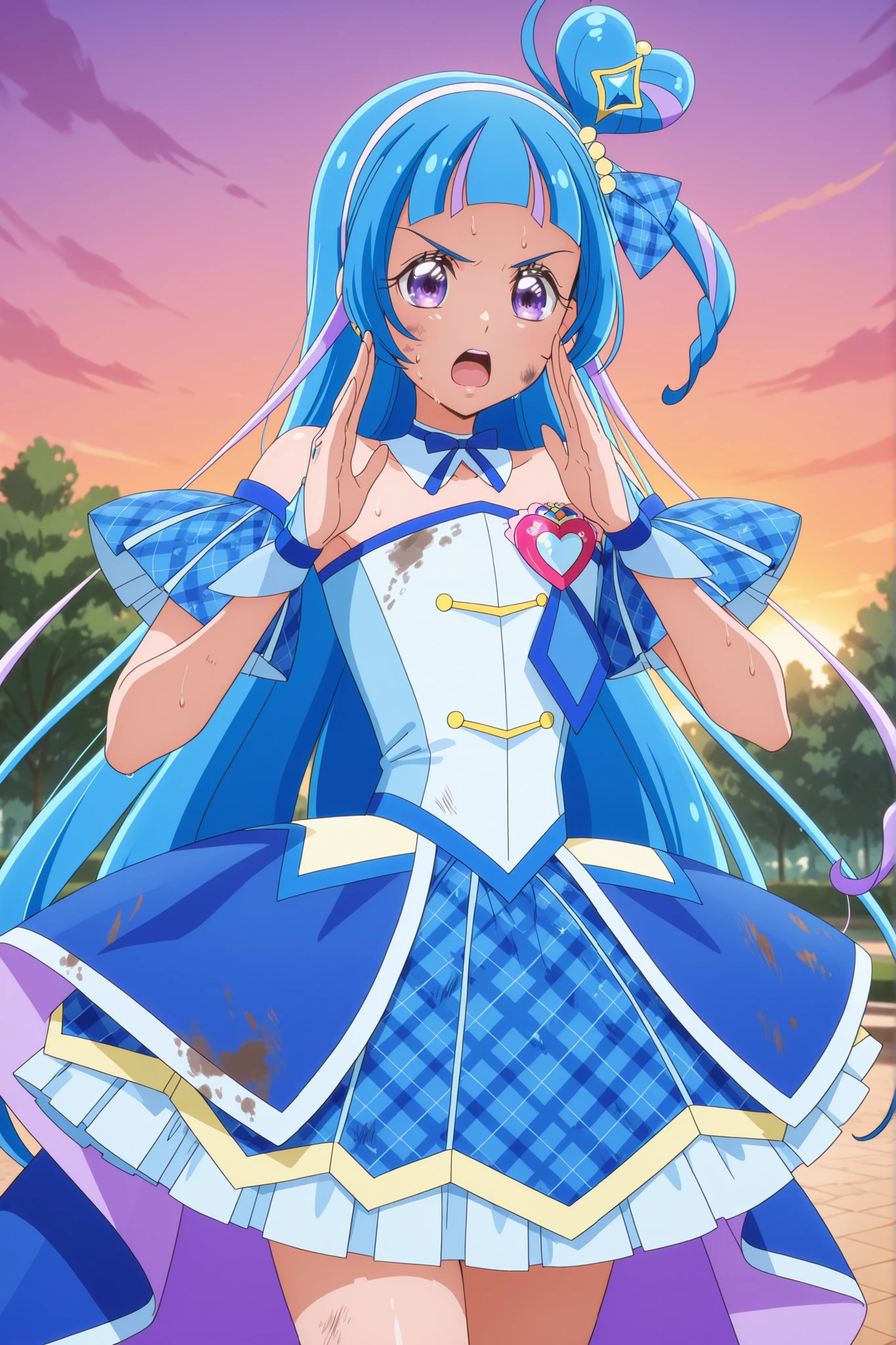 cure wink, kimi to idol precure, blue hair, magical girl, mini crown, purple eyes, blue dress, tilted headwear, very long hair, blunt bangs,  shoulders, hairband, two-tone hair, purple hair, jewelry, idol clothes, masterpiece, best quality, anime, source anime, illustration,idol heart brooch, thigh ,open mouth ,glossy lips,standing,medium breast,cowboy shot,from front ,outdoor ,park background ,sunset, attention pose ,sweat , costume , face, angry