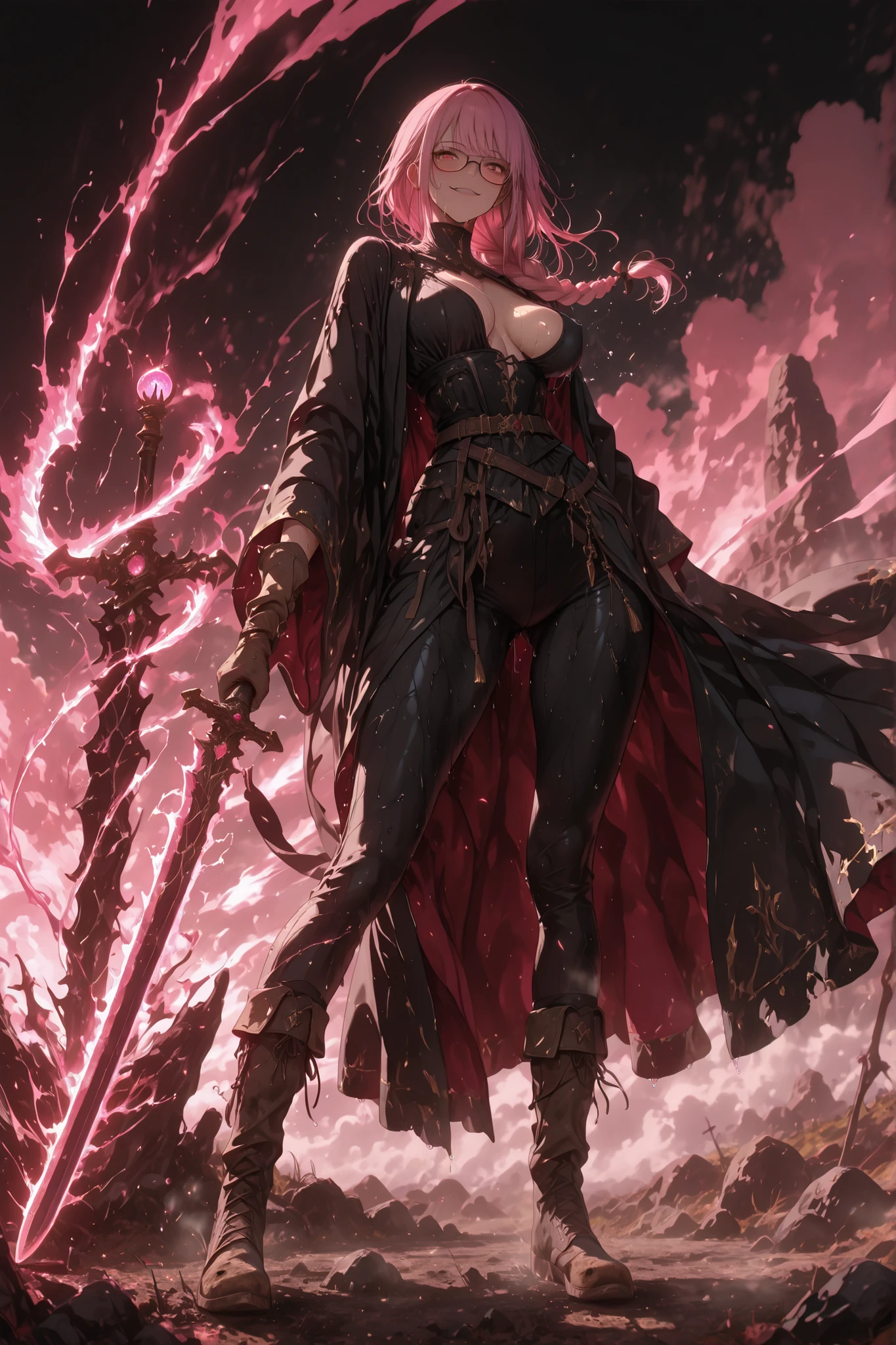 masterpiece, best quality, 8k, 1girl, fantasy character, glasses, standing, contrapposto, (legs apart1.2), black robe, skinny pants, (wind blows), glove, boots, curvy body, medium breasts, pointy breasts, bouncing breasts, dirty feet, single braided hairstyle, thin pink hair, many items, dramatic atmosphere, intricate details, vivid colors, white background, digital art, equip a magic staff, holding a long sword, looking at viewer, smile, sweaty, midday, cowboy shot, (very sweaty),