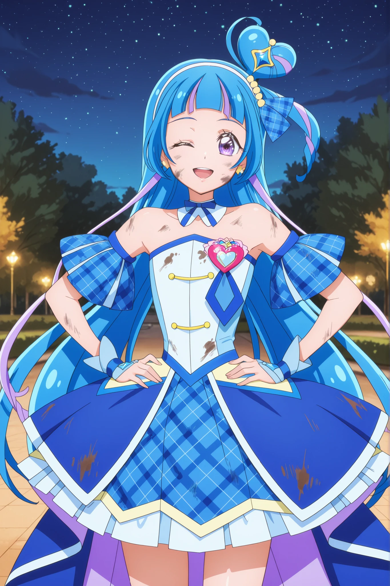 cure wink, kimi to idol precure, blue hair, magical girl, mini crown, purple eyes, blue dress, tilted headwear, very long hair, blunt bangs,  shoulders, hairband, two-tone hair, purple hair, jewelry, idol clothes, masterpiece, best quality, anime, source anime, illustration,idol heart brooch, thigh ,open mouth ,glossy lips,standing,medium breast,cowboy shot,from front ,outdoor ,park background ,night  , costume , face, smile, closed one eye, wink ,hands on 