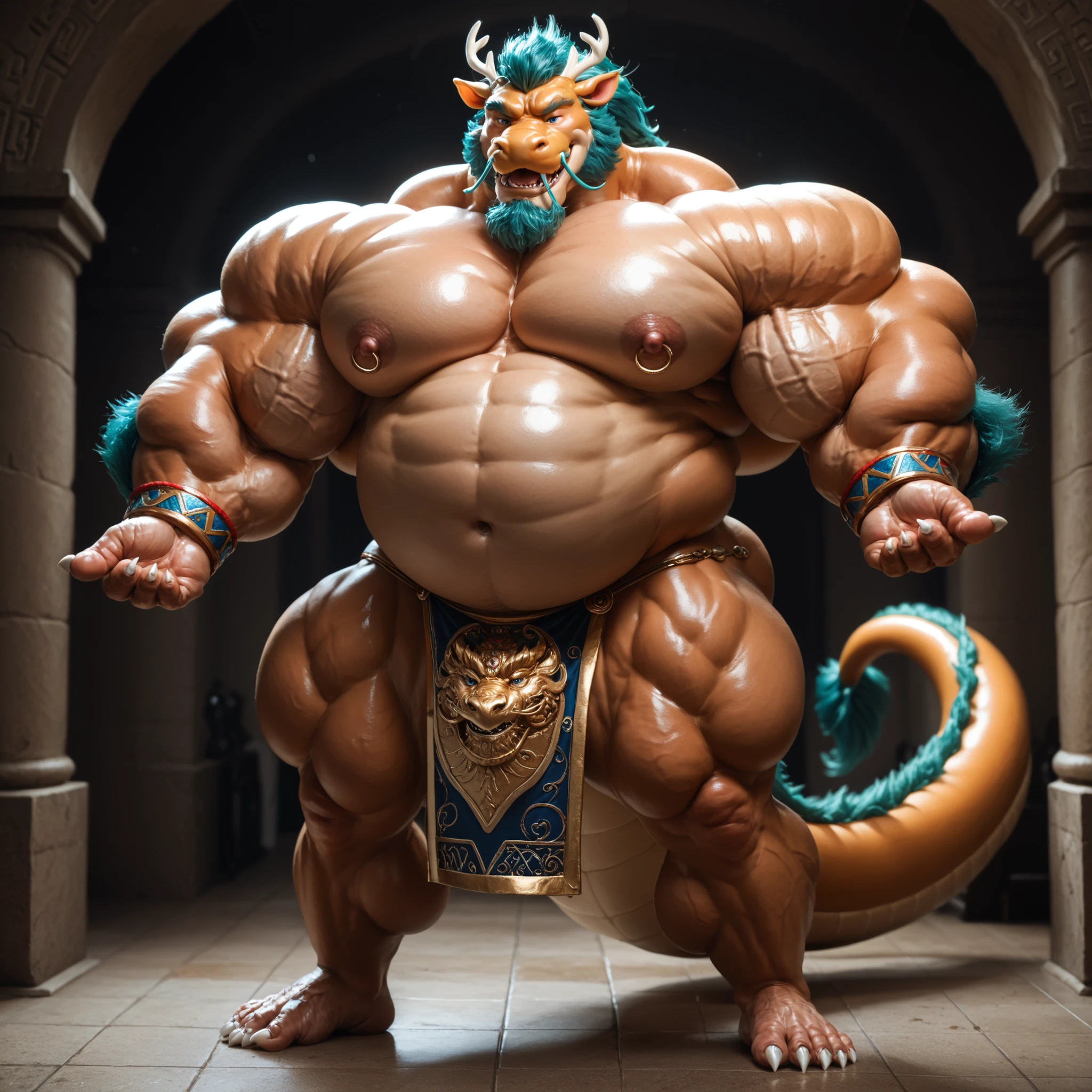 eastern dragon,a humanoid dragon mix of Chinese and European dragon, hefty daddy body,colossal,hulking, huge muscles, plump body muscles, colossal body, five-digit hands and feet,hefty, hyper thick heavy shape, stout musclegut, thick waist, big daddy belly,big belly, chubby muscles,plump  muscles, prominent abs,remarkably well defined, heavyweight abs, rounded and fulled, sharp white claws, thick thighs,big feet claws, full body, loincloth, nips, best quality.