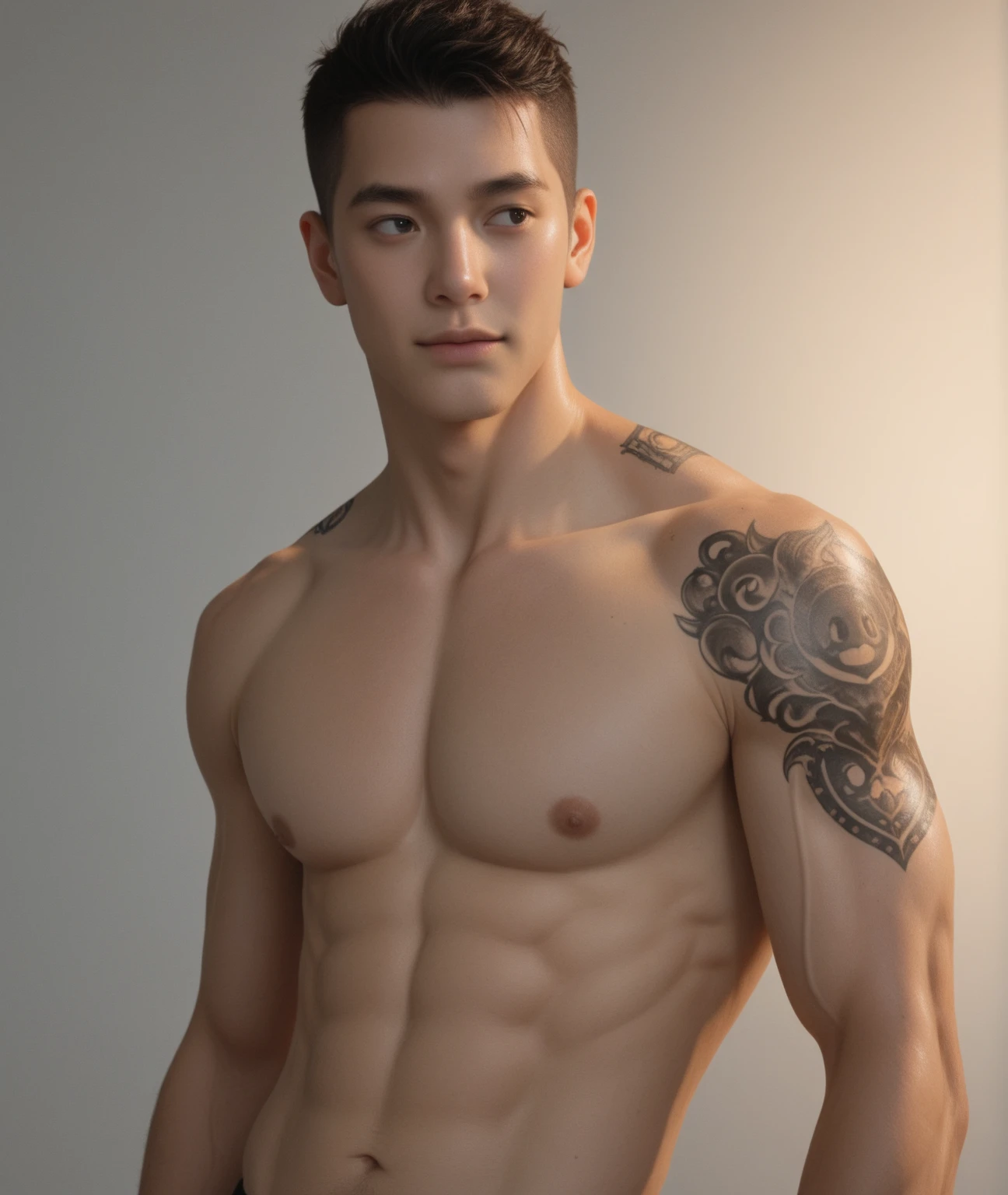 best quality,masterpiece,Ultra high detail,A handsome muscular man,Short black hair,,(Flowers on the shoulder),(With flowers in his black micro ),realistic,Grey background, flowers on his head,Yellow, violet and white flowers,