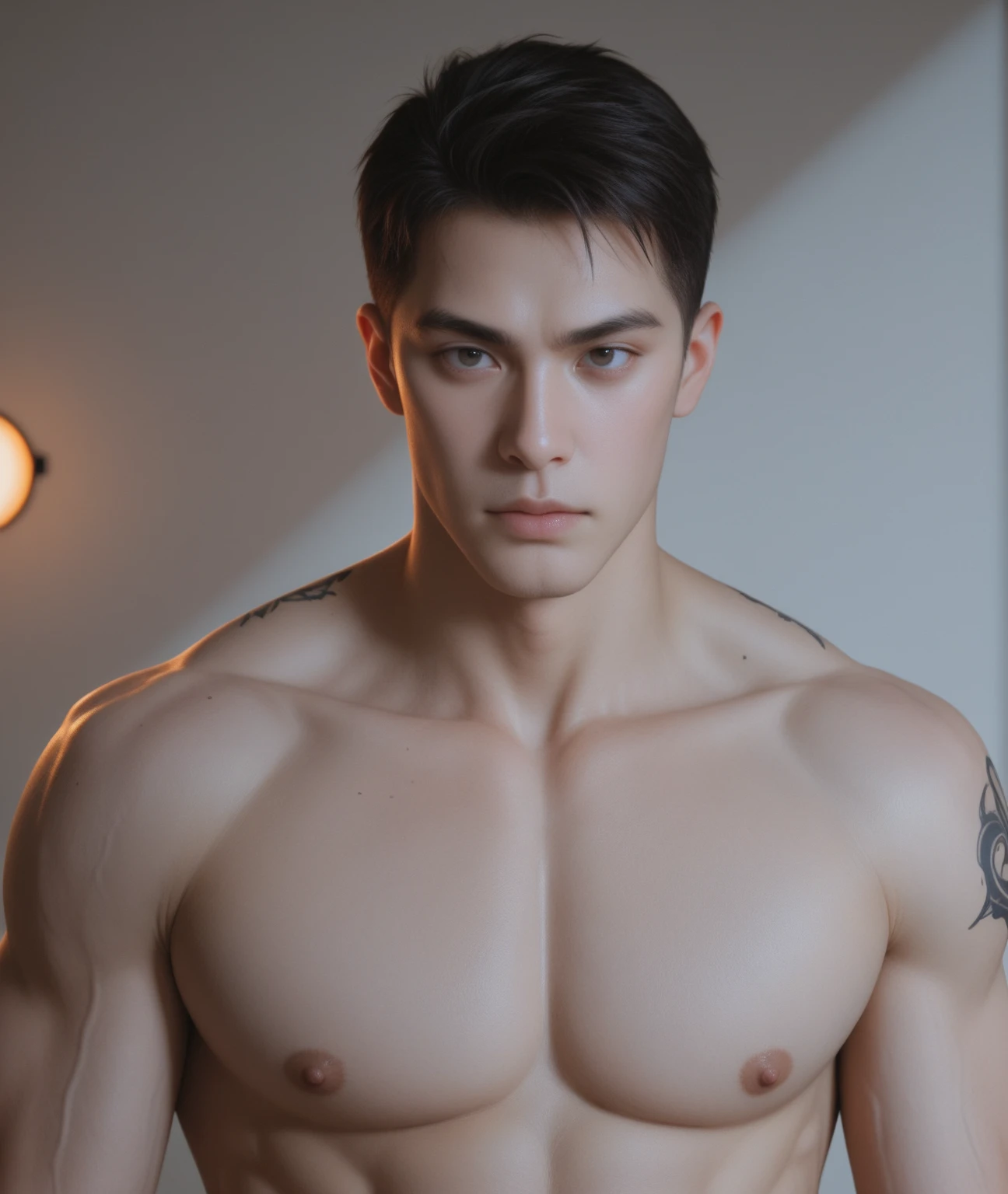 ((masterpiece)), best quality, (8K, best quality, masterpiece: 1.2), Extremely detailed, office,coffee table,Full body portrait of a muscular smiling man sitting on a sofa.
