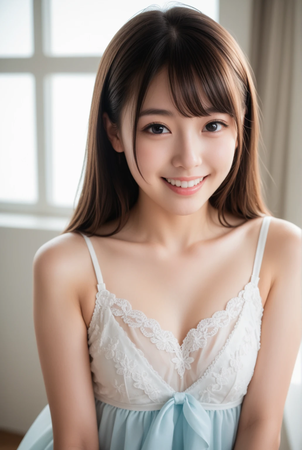 (masterpiece:1.3), (8k, Photorealistic, Raw photo, Best image quality: 1.4), Japanese 、(Random Hairstyles:1.2)、Cleavage:1.2、Super detailed face、Attention to detail、double eyelid、Put your  together、Sharp focus:1.2、Beautiful woman:1.4、Light brown hair、highest quality、masterpiece、超A high resolution、(Photorealistic:1.4)、Highly detailed and professionally lit smile、In 、Shoulder out、thin、Serious expression、Long Hair、Black Hair