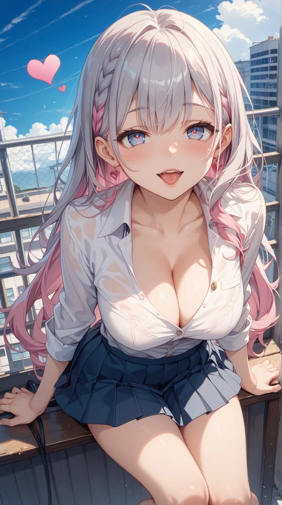 1girl, solo focus, young women, skin imperfection, light white skin, perfect face, puffy face, beautiful face, puffy eyes, blue eyes, big eyes, perfect eyes, eyelashes, long platinum blonde hair, bangs, makeup, blush, blush nose, glitter makeup on eyes, detailed anime soft face, pink clothes, highres, twintails, hair ribbon, long sleeves, red bow, pink cardigan, white thighhighs, plaid skirt, red ribbon, black choker, school uniform, , cleavage, outdoors, cowboy shot, standing, smile, hands behind back