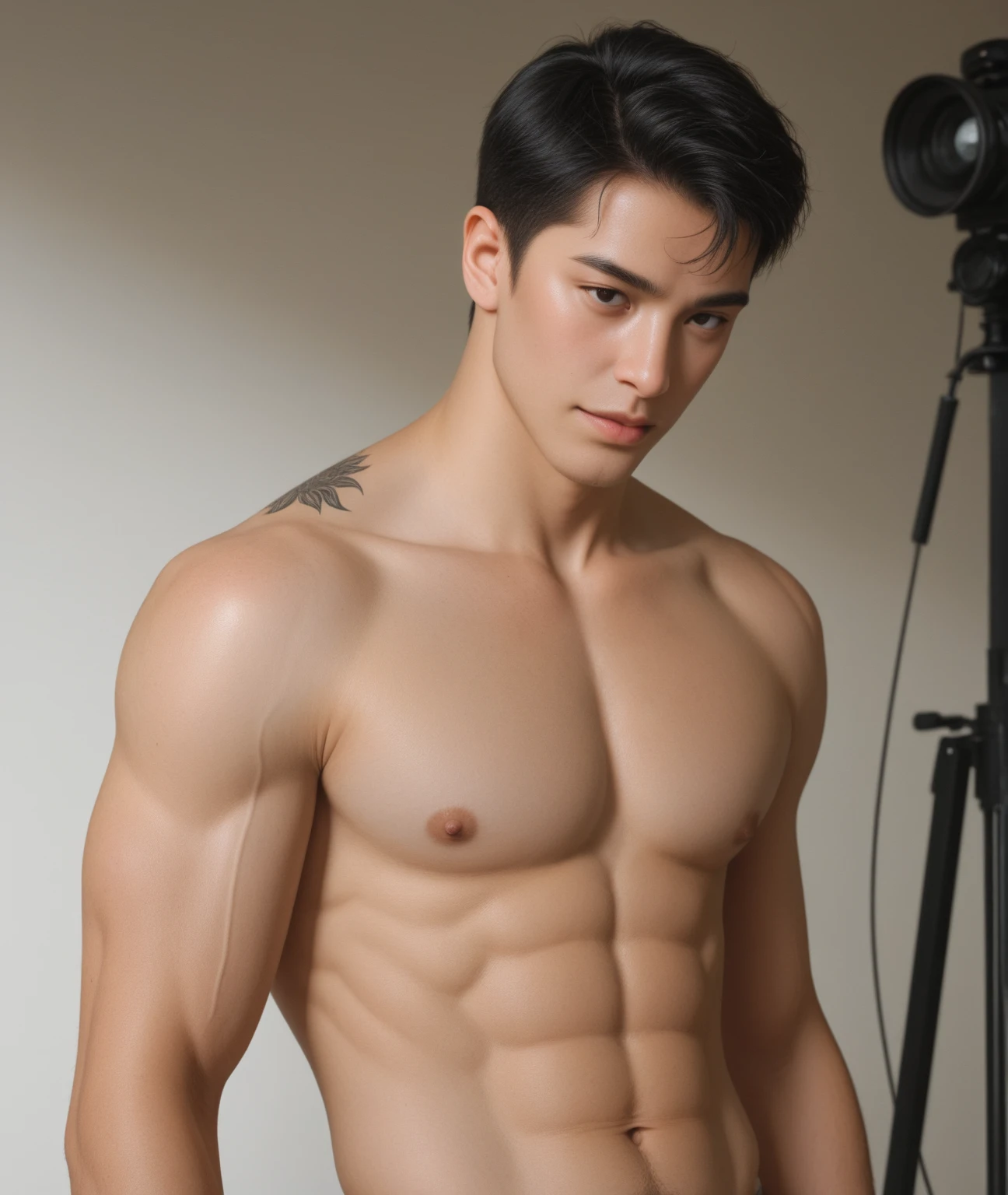 luke teevee, photograph, male asian model, 1boy, muscular, , flexing bicep, red background, serious expression, looking at viewer, geometric shapes, indoors