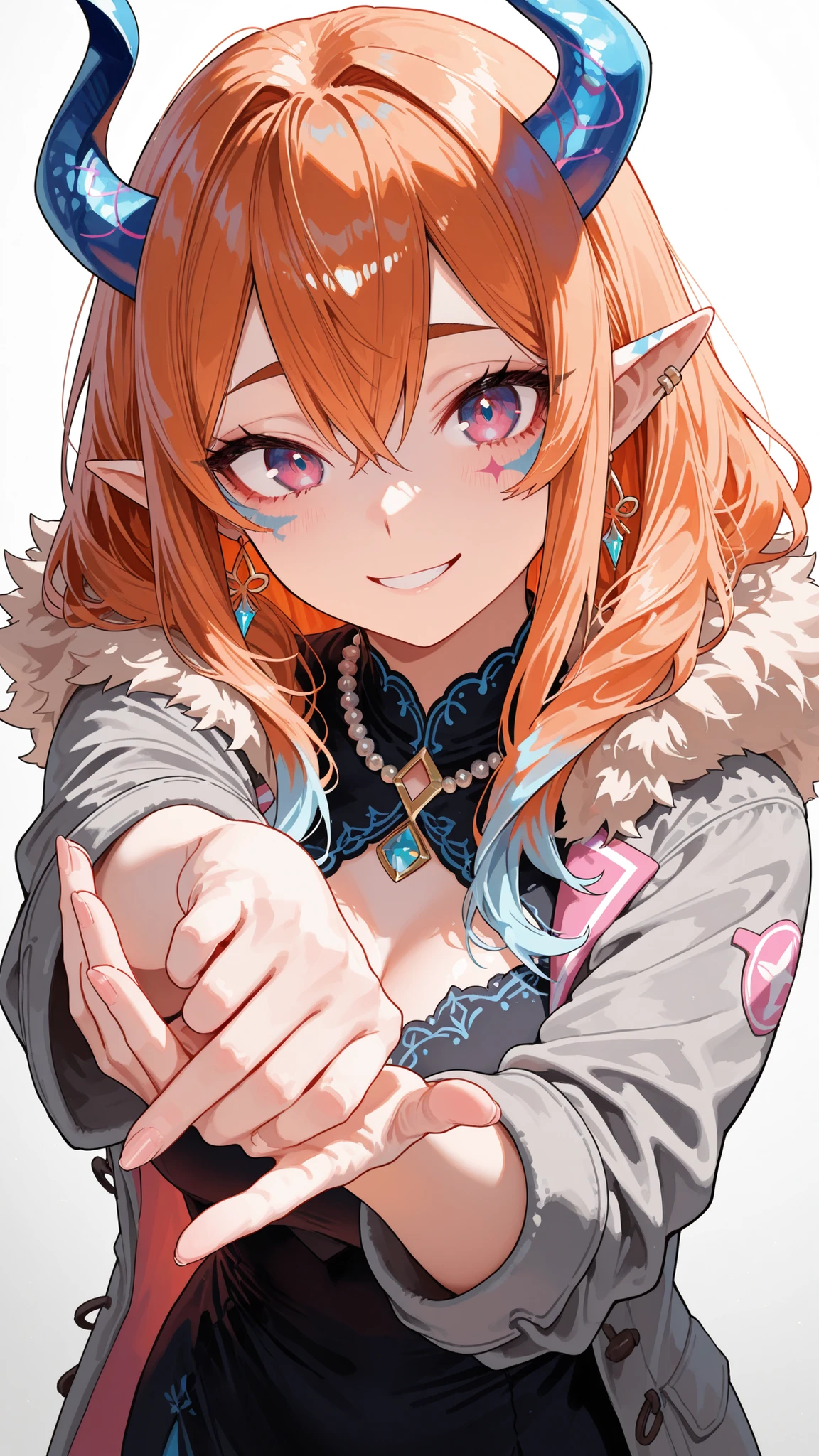 1 adult woman, mature face, adult face, she is in a academia, 21 years old, perfect quality, perfect hand, small horns, small horns growing from the forehead, blue horns, anime style, elven ears.  with earrings a line of silver beads that curve from the tip of the ear to the bottom, medium-length dark orange hair, loose hair, with little light blue tips,  normal skincolor, pink patches on her face, dull dark blue eyes, dark orange eyebrows, really big blue medieval war paint extending over her eyes, gray jacket with fur collar, black dress shirt with blue details and lines, wearing Fontaine's Hydro Vision from the Genshin Impact video game as a necklace, fullbody, little smile, she is in a academia, stretching out her hand at the viewer like presentation