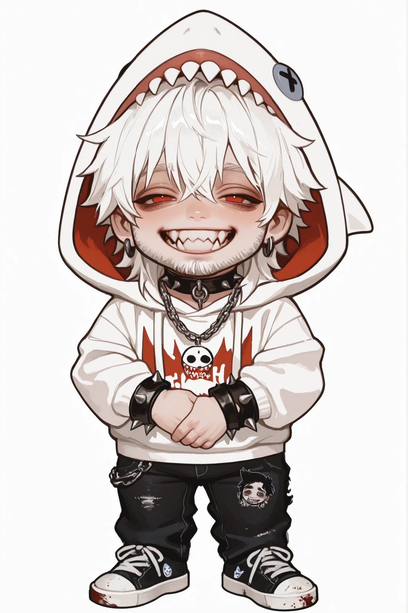 semi-realistic midjorney chibi art style of a chubby young man, chibi Hes got pale white bleached emo messy bangs that cover his eyes, long white messy bangs, Hes got a chubby soft and round cherubic face with pale skin. Hes got sharp teeth grin. He has a chubby body with soft chest and thick thighs. Wearing a white hoodie white shark kigurumi with a white shark hood that has fake teeth and button eyes. Wearing his white hood on. Wearing chain necklaces, chokers, spiked jewelry. Red eyes, He has black jeans with chains dangling from his jeans loops and wearing spiked bracelets and black tennise shows, Wearing a shark themed charm on his jeans loop. Dynamic pose sitting in a cafe booth at night drinking a blood red drink from a straw, Bloody, fangs, chubby, plus size, vampire, masculine, man, hairy, goth, grunge, emo,fat, obese, punk, masculine, man, bearded, hairy, chibi, bearded, facial hair