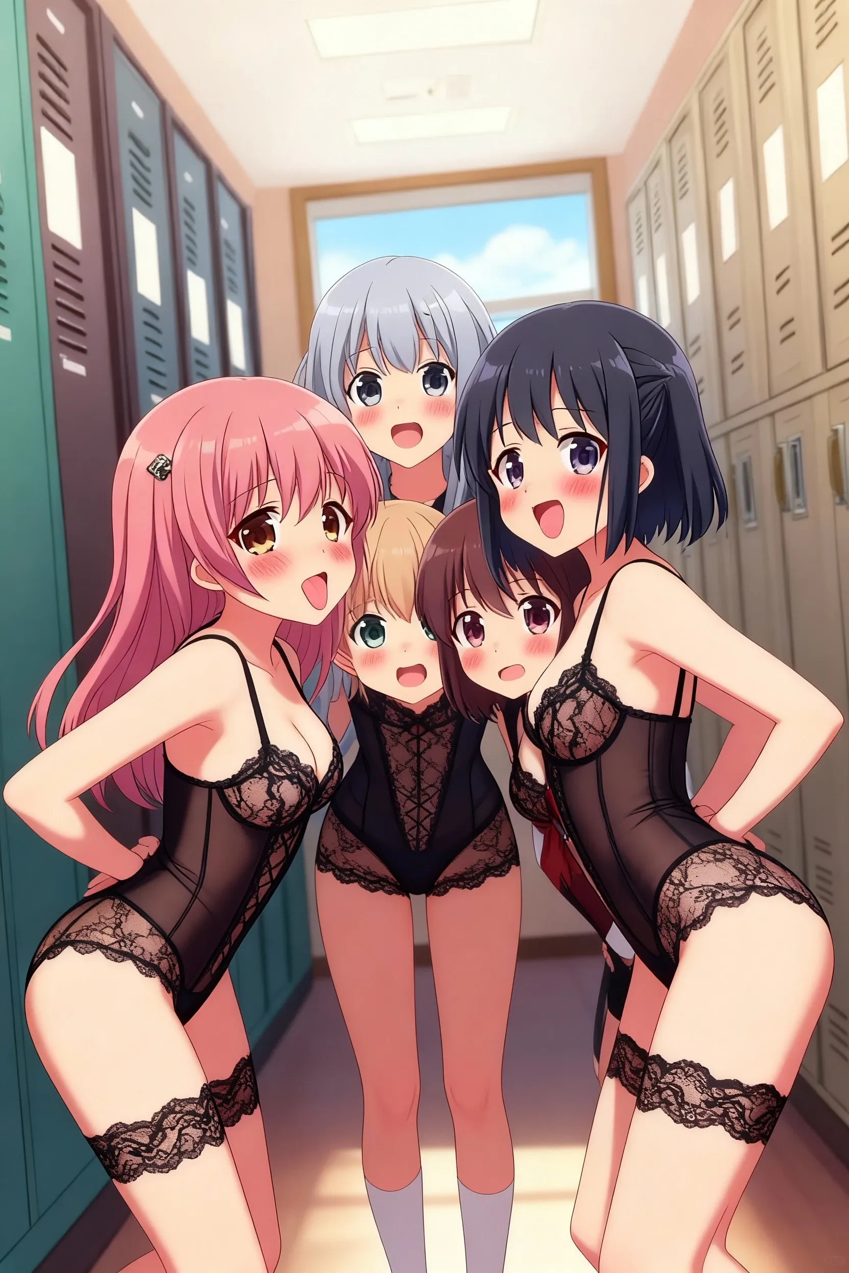 (((masterpiece, Highest quality, High resolution, 超High resolution, Perfect Pixel, Depth of written boundary, 4K, RTTX 10.0))), Beautiful Anime Women, Beautiful art style, Anime characters, ((Smooth texture, Realistic texture, Anime CG Style)), Exact finger count、Exact number of legs、(Exact number of arms:1.0, Exact number of hands:1.0), (Perfect hands, Perfect Anatomy), Cinematic, Realistic, Extremely detailed CG, Daytime lighting, Perfect lighting, Best Shadow, The best natural light, whole body, Perfect body, バランのとれたPerfect body, Perfectly balanced style, (Slender body:1.2), Small face, ((bangs, Various hairstyles, Stylish hairstyle)), ((Three pretty women are getting changed in the dressing room:1.8)), ((Sexy and cute white underwear, Sexy and cute light blue underwear, Sexy and cute pink underwear:1.3), (Stylish shiny satin panties, Side-tie panties, Panties with a plain center and lace decoration on the sides:1.3), (Thin panties with ribbon:1.3), (Micro Satin Bra, Lace-trimmed bra, Thin bra with ribbon:1.3), (garter belt, Garter Strings, Knee socks:1.3):1.3), (Beautiful big , Cleavage:1.1), (Embarrassed expression:1.2), (Office Changing Room, locker room:1.5), naked, In underwear, Office lady in underwear, whole body, Angle from the front, All three are the same height, Accurate perspective