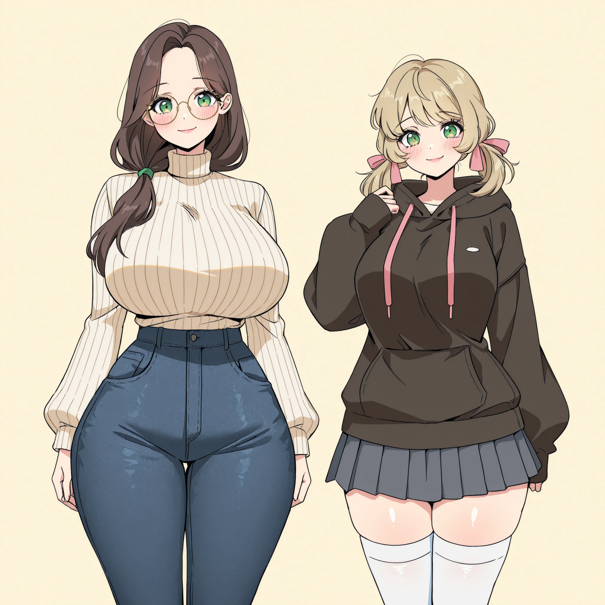 masterpiece, ultra-HD, impressionism, high detail, best quality, very aesthetic, 8K, best quality, beautiful, ultra-high resolution, 32K UHD, sharp focus, 2woman, duo, mature woman: long hair, brown hair, straight hair, low ponytail, parted bangs, green eyes, eyelashes, almond-shaped eyes, black eyeliner, pink full lips, mature woman, huge breasts, narrow waist, wide hips, thick thighs, shapely legs, slim, white ribbed turtleneck baggy sweater, baggy sweater, skinny jeans, blush, smile, cute, girl: short hair, ash-blonde hair, middle bangs, pigtails, straight hair, hair ribbons, pink ribbons, green eyes, eyelashes, huge breasts, narrow waist, wide hips, thick thighs, shapely legs, slim, big round glasses, black baggy hoodie, gray pleated skirt, white thigh high socks, blush, shy, smile, cute, standing, looking at viewer, simple background, front view