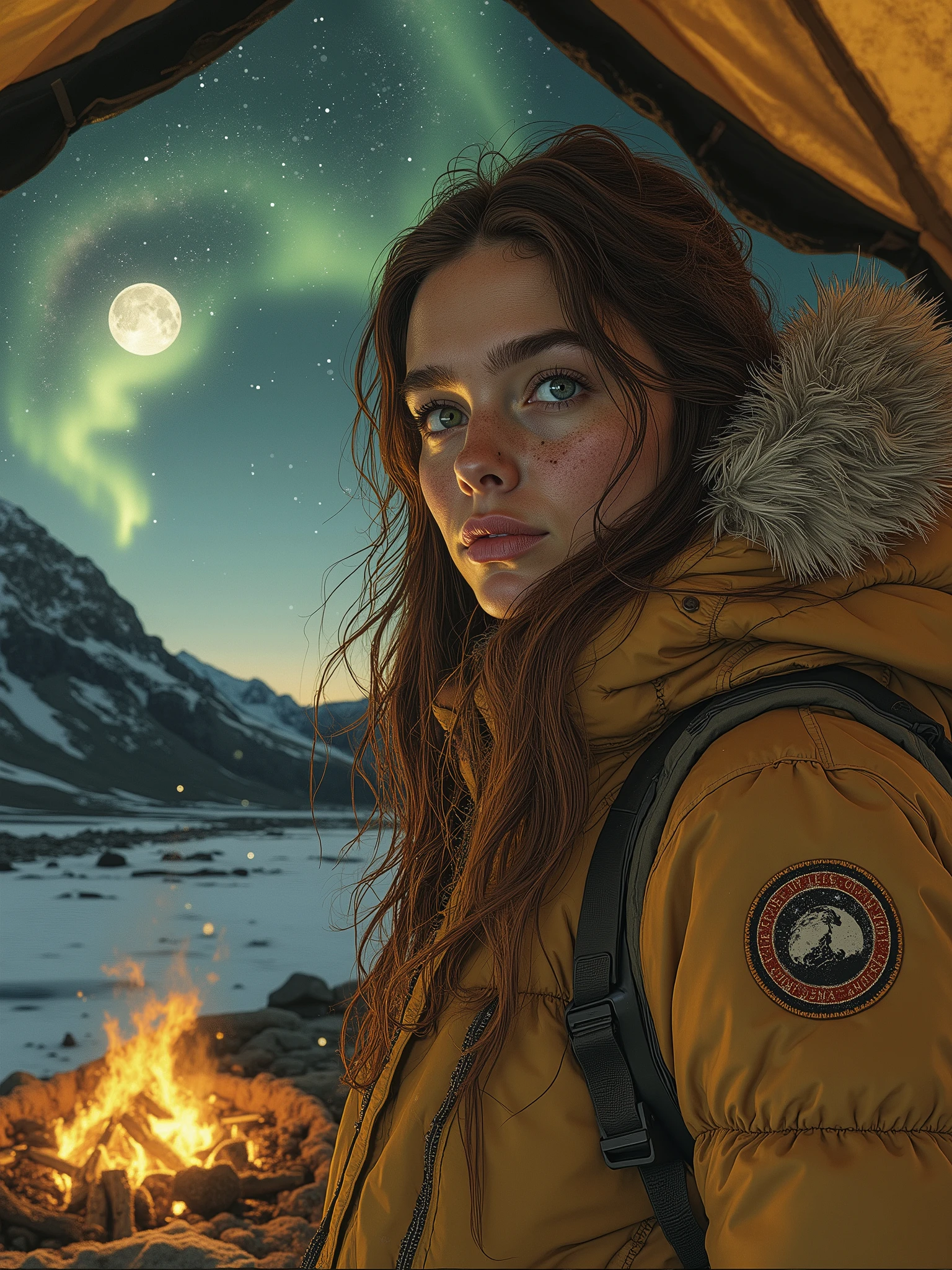 Ultra-photorealistic National Geographic–grade cinematic portrait of a 24-year-old female adventurer-astronomer, waist-up low-angle shot, standing at the entrance of a White Duck Regatta Bell Tent with a transparent ceiling panel under a bright full moon. She has chestnut hair with natural flyaways, glacier-blue eyes, wind-chapped cheeks, calm contemplative expression, subtle jaw tension from cold air. She wears a Canada Goose Crofton Puffer jacket, with frost micro-crystals naturally clinging to the parka collar and stitching. A Leica Noctivid telescope hangs at her hip on a worn leather strap, while her other hand holds a leather-bound star atlas with visible grain and aged edges. A safe bioethanol fire pit glows at the tent entrance, casting warm amber light that wraps her face and jacket folds.
Background: vast glacial valley, Aurora Borealis in layered green-cyan ribbons, Milky Way rendered with astrophotography-accurate detail, pinpoint stars, subtle dust lanes, no exaggerated bloom.
Tone DNA 2 Upscaled + Tone Grid @ketikanuniverse LOCKED: warm peach-amber skin highlights (+2 magenta bias), warm gold midtones, bronze matte shadows with no blue cast, soft cinematic contrast, gamma ≈0.95. War-Ready Human Realism 100%: visible pores, freckles, vellus hair, natural imperfections, eye moisture, micro-luminance breathing. Lens & optical imperfections locked: organic film grain, subtle chromatic aberration (1–3%) at edges, optical roll-off, micro-halation on highlights, layered depth of field, gentle lens breathing. Lighting: warm brass-amber key light, cool cyan environmental fill, soft rim separation, Real Steam Universe atmospheric warmth.
Shot on Sony A1, 24mm f/1.8, 20s exposure, editorial realism, rugged luxury meets celestial wonder. No fantasy glow, no plastic skin, no AI smoothing.