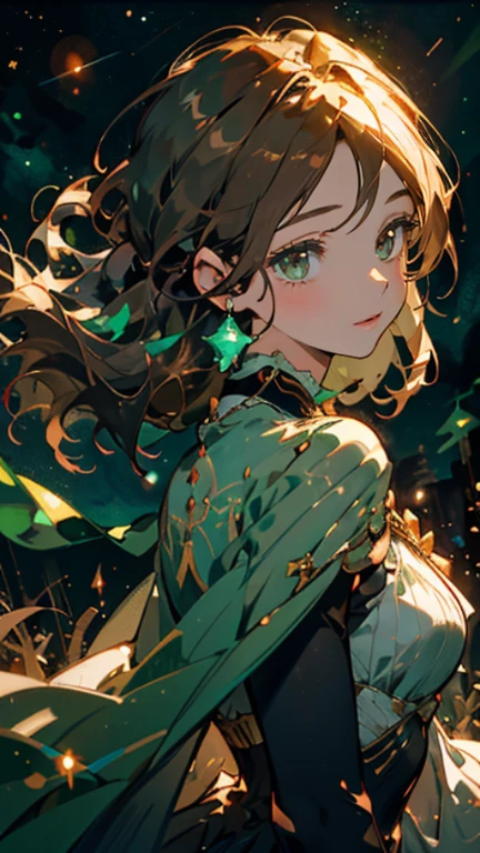 Girl at the table, 25 years, long curly brown hair, bright green eyes, who glow with warmth and enthusiasm 
, looks straight, slim build, and her style is a quirky mix of bohemian and vintage. She often wears flowy short dresses with unique patterns., accessorized with statement jewelry and comfortable flats.