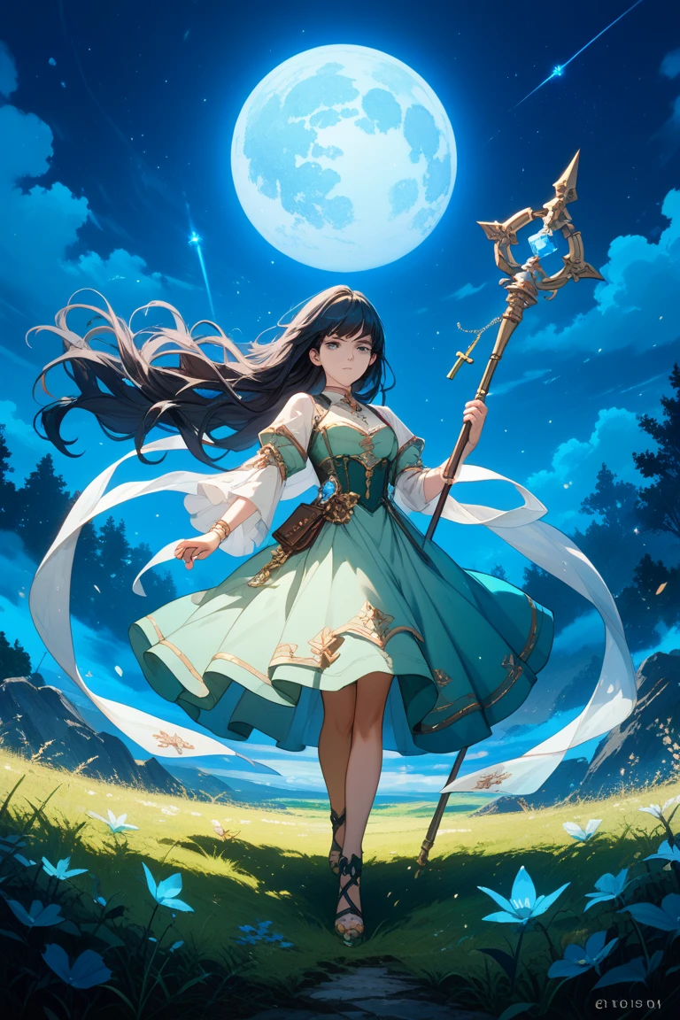 A radiant artwork of a benevolent female healer standing in a serene mountain meadow. The full-body view showcases her in soft, flowing white and lavender robes, exuding an aura of compassionate kindness and gentle grace. Her wavy, golden hair frames a face of angelic beauty, highlighted by warm amber eyes that radiate healing light and soothing calm. She holds a staff, delicately adorned and glowing with nurturing energy, adding to her serene presence. The scenery around her is a peaceful mountain meadow with wildflowers and a clear blue sky. The gentle breeze rustling through the grass and the sound of birdsong enhance the atmosphere of tranquil harmony, creating a scene of peaceful solace.