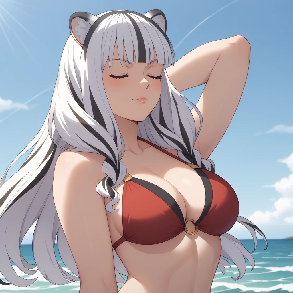 40 year old woman, pechos enormes. orejas de tigre blanco, atla. mujer ciega con sus ojos cerrados, orejas de tigre blanco, cabello blanco rayado, sonrisa traviesa mostrando los dientes, pechos grandes ?????? verde . hands behind head, fondo una playa. gotas de agua en su pecho, orejas d tigre blanco. pechos grandes, pechos muy grandes,