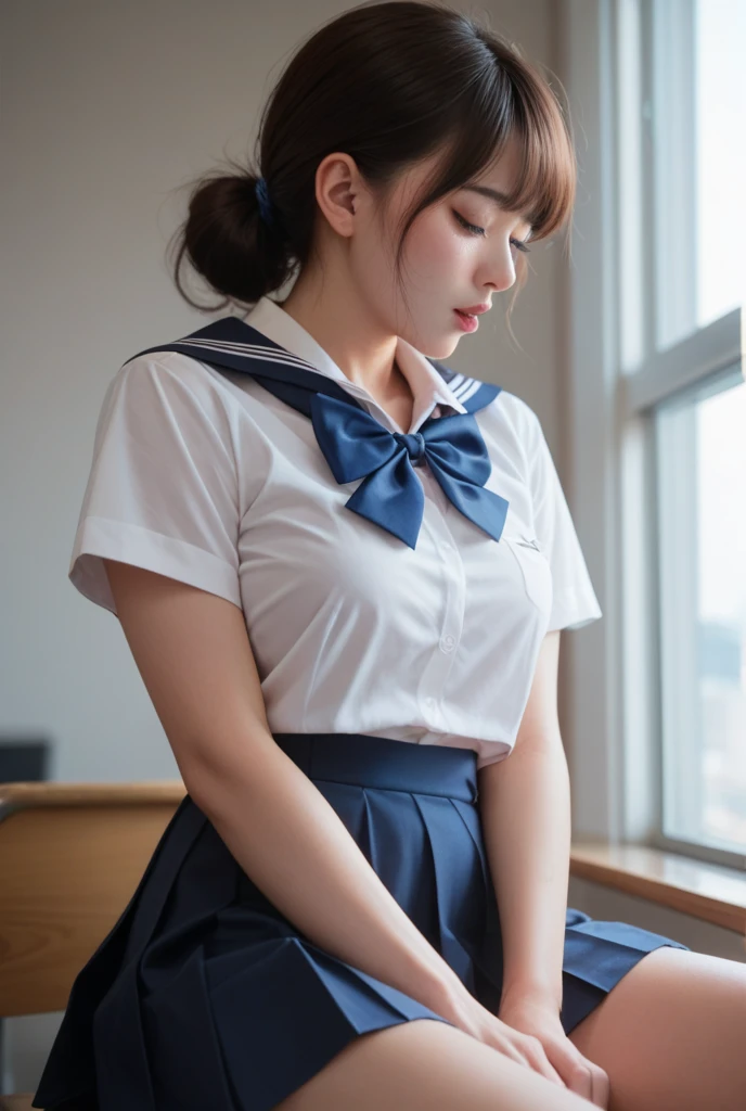 Dark blue high socks　Magic Mix Real、(Raw photo:1.2)、(Photorealistic:1.4)、The beauty of beautiful details　Delicate expression、Blonde、(( are visible))(Squatting panchira)Earrings　Eyelashes　Beautiful and fine details、Large file size、Ultra-detailed、High resolution、Transcendental beauty　Highest quality、masterpiece、、(Japanese high school girls uniform))、Extremely detailed representation　 grow、In detail、Highly detailed  cinematic lighting、17-year-old girl、Positive、((Dynamic Pose)))、(Sit with your knees bent))、Pleated skirt、blazer、Sexy upward glance、、Strong bite、White pants、M-word、汚れた、に光が当たる、Thin thighs、(にフォーカス)、smile、(Spread your :1.5)、