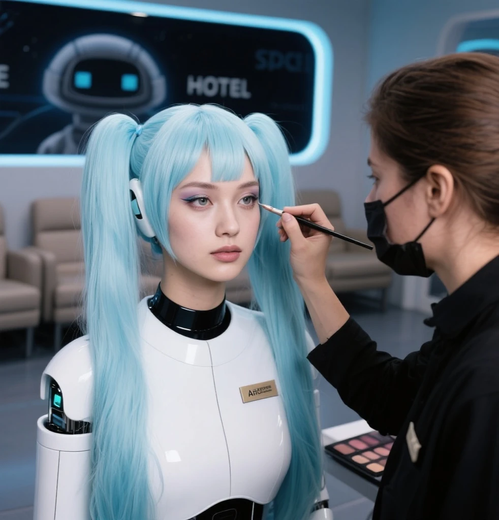 robot,put on makeup,table,mirror