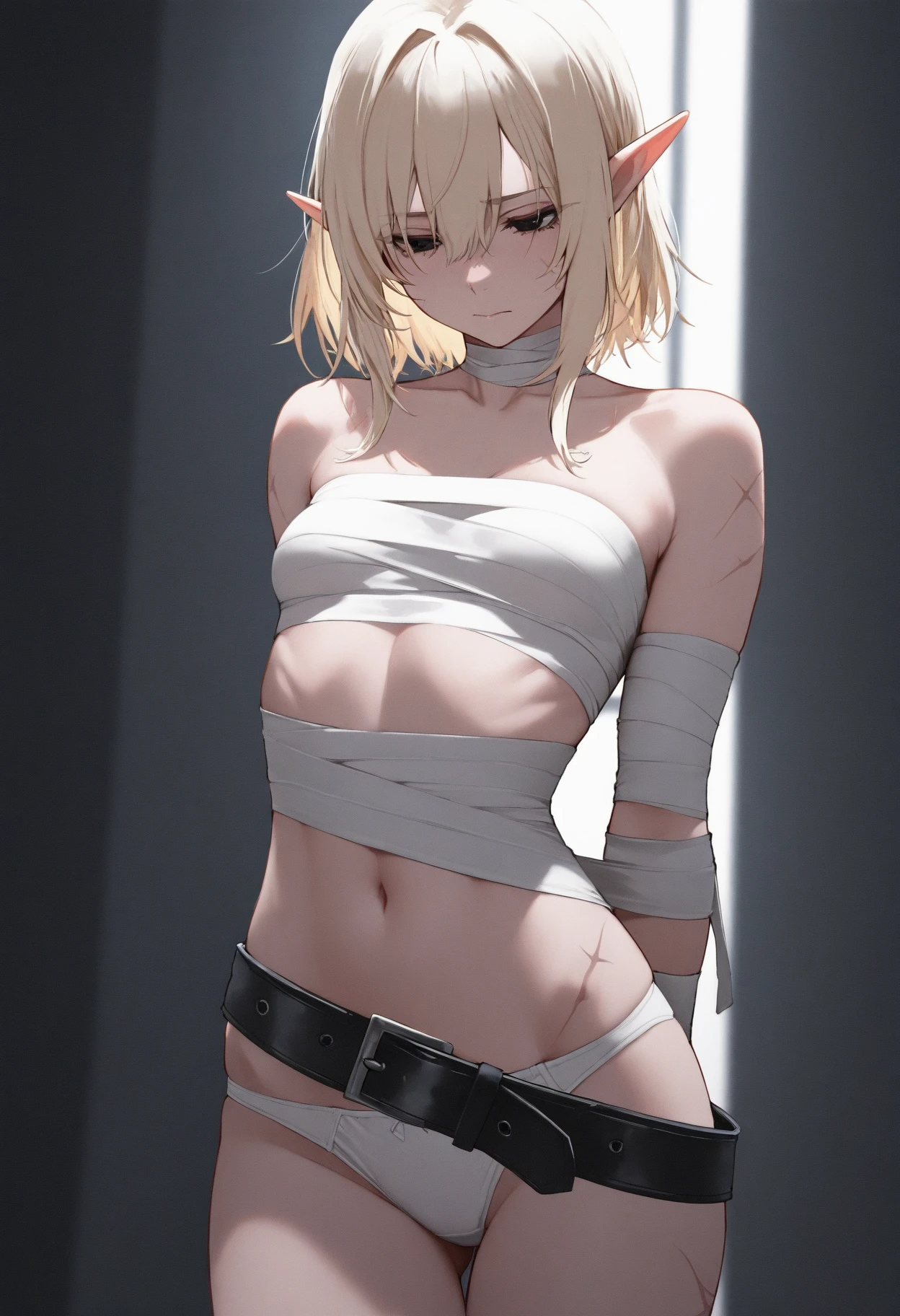 1girl, White hair, White cat ears, White cat tail, animal collar, garter belt, garter straps, , lace trimmed , side-tie , arms up, restrained, bound, bound legs, captured, captured, tears, tearing up, brick wall, chain, indoors, slave