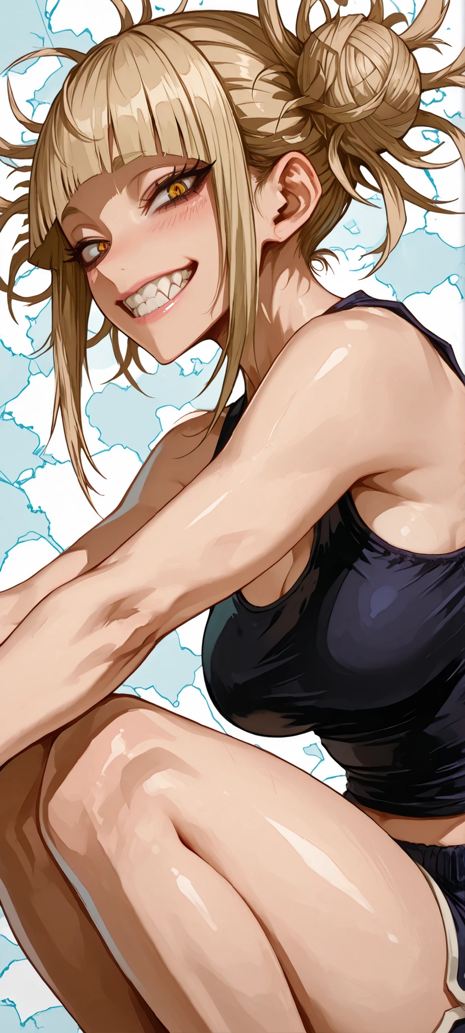 ((unique background)), ((dramatic image up to the knees)), intricate details, High quality, aesthetic, ultra detailed, ((masterpiece, detailed:1.2), Fantasy eyes, medium breasts, body fit, soft curves, hand, 1girl, Toga himiko(my hero academia), TogaHimiko, yellow eyes, tank top, shorts, expresion fria, smile, tight teeth, She is crouching, ((dynamic pose)), looking at the viewer, side view,
