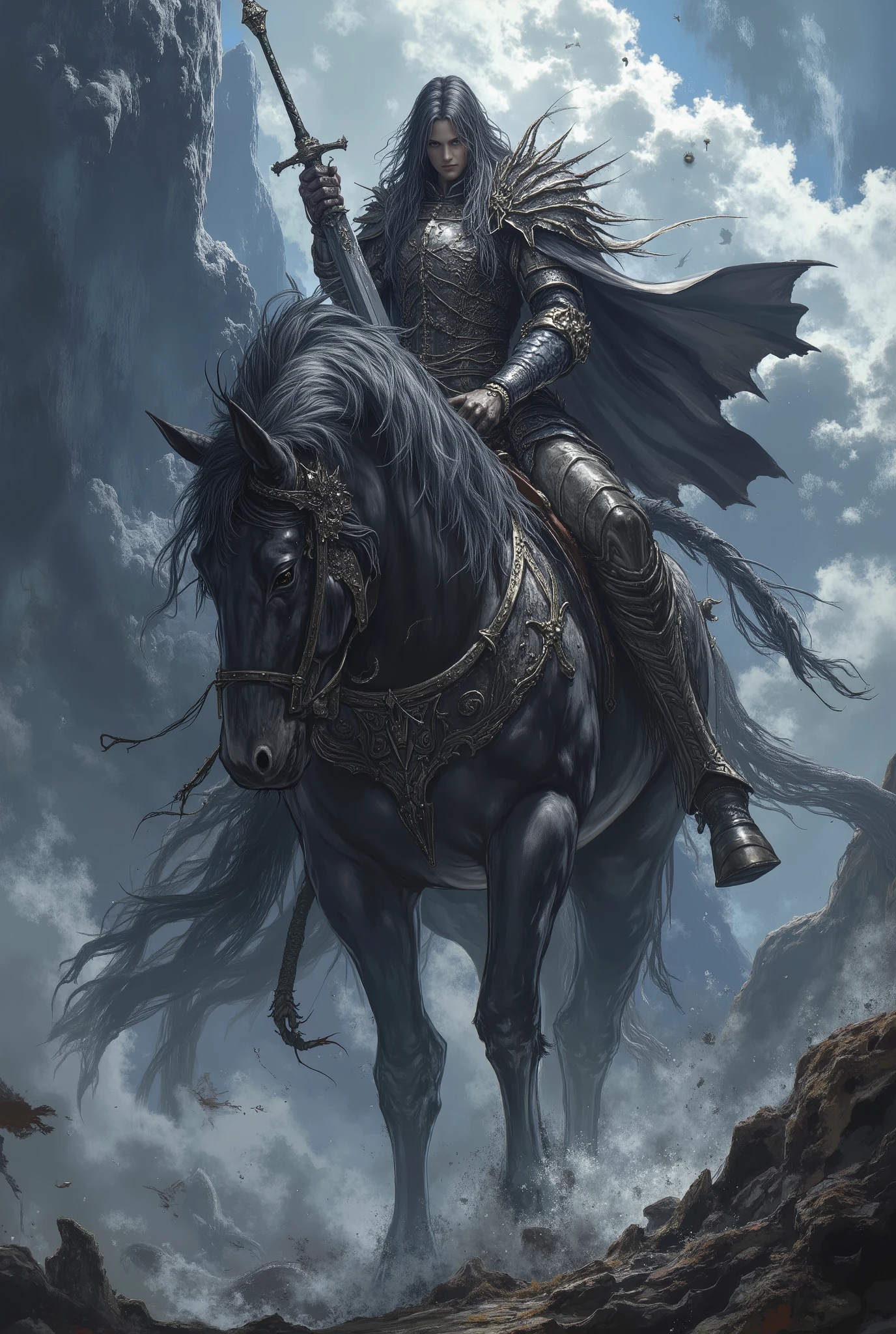 a mighty warrior sitting on the back of a large black warhorse, behind him is the corpse of a dragon, there is mist in the air. Dark fantasy background, destruction, blood,