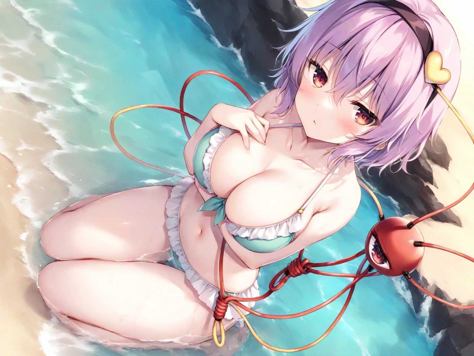 (masterpiece, 4K, Highest quality, anime style: 1.9, Detailed face, Lovely, Ocean,bold, High resolution, anime, Lake 4. alone, Curvaceous, Very slim belly, Cowboy Shot, 1 Girl,,(Leopard print swimsuit),Isane Kotetsu Bleach,Silver Hair,Embarrassed face,blush.View your viewers,Big Breasts,Sit down and open your legs,M-shaped legs,