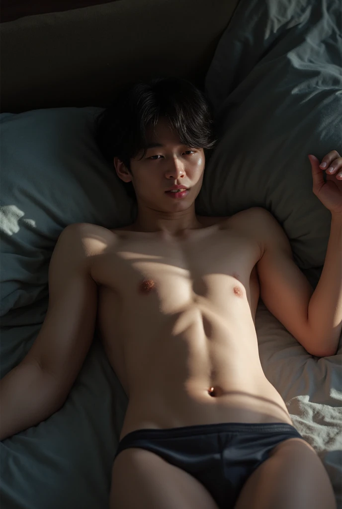 
((full body shot)), (masterpiece), a very handsome korean young man on a bed while wearing black formal pants, unbuttoned shirt, model, romantic filter, slight smile, sharp features, almond eyes, straight nose, sharp jawline, v-line, smooth abs, majestic handsome guy, hd, ultra hd, high quality, (black pants), white king sized bed with brown accents