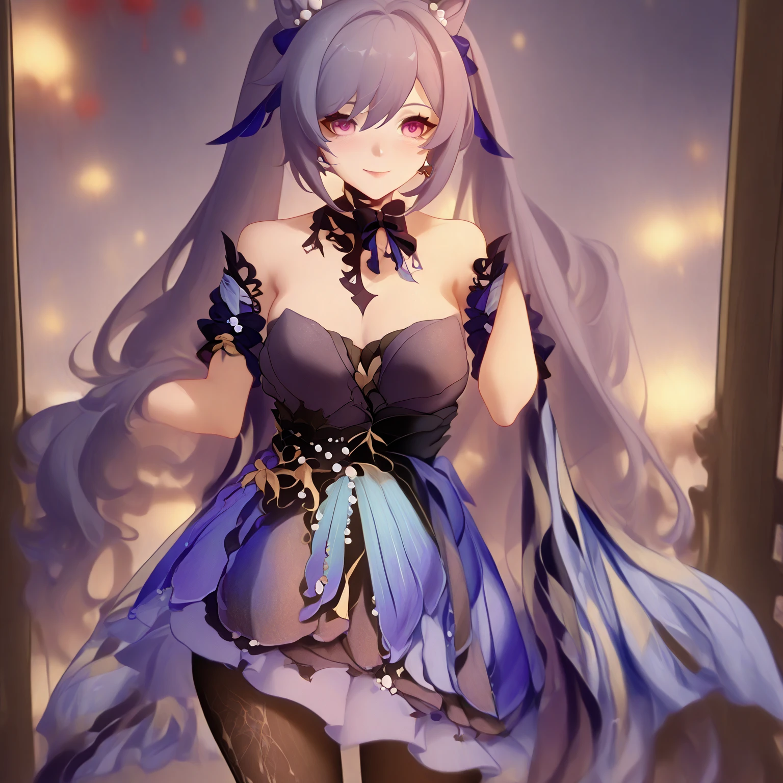 （（masterpiece：1.4，best quality）），（Super detailed），（Extremely detailed eyes），（Shiny socks：1.5），Hello Darkness
（Cute girls），15 years old，（Blood-red pupils，Diamond-shaped pupil：1.15），Purple Eyeshadow，（elongated hair，Thick hair，Single ponytail，shiny hair：1.5）（Changes through：1.2），despair，sad，Empty eyes，tears streaming down my face，tilting its head to the side，
（She wore a blue dress，：1.5），（Black gloves：1.4）Very long plush sleeves，White，White Cloud，Dream bubbles ，Ice and glitter effects
（Black long skirt：1.1），
（（Starry Sky：1.2）），
（Intense black and white：1.16），（Depth of Field：1.4），，Intricate details，(((Detailed background，Castle in the Sky，Purple flowers by the lake)))，(((Huge breasts， breasts，Deep cleavage，White stiletto high heels， clothes)))