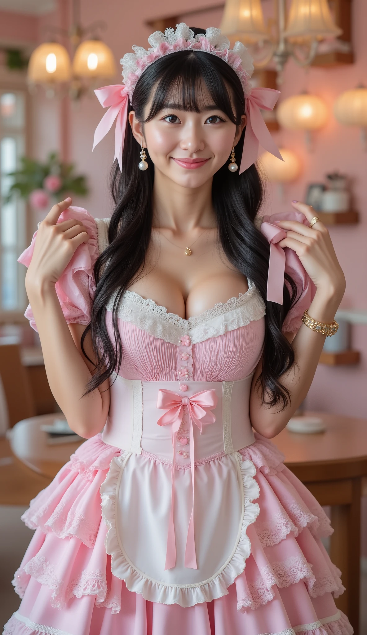 rinon ohshima, big breasts, perfect hands, extremely over-the-top burikko personality,
an ultra-adorable Japanese maid with an exaggerated cute pose.
She is slightly squatting, tilting her head with sparkling eyes and an innocent pout.
Her long flowing black hair is decorated with huge pastel ribbons, heart-shaped clips, pearls, and frilly lace ornaments.
She wears a hyper-frilly sleeveless “buriburi” maid outfit:
a voluminous multi-layered pastel dress with enormous bows, thick lace trimming, fluffy petticoats, and extravagant ruffles everywhere.
The sleeveless bodice fully exposes her smooth underarms in a cute, innocent, burikko-style pose.
Her oversized white frilled apron has heart embroidery, pearl edging, and massive decorative bows.
The headband is maximalist—multiple pastel bows, lace stacks, pearls, and tiny charms.
She gently places both hands behind her head, elbows raised, creating a cute burikko armpit-showing pose.
Soft shy smile, graceful and charming beauty, delicate Asian facial features, high-detail natural skin texture, ultra-cute aura.
The setting is a pastel pink × sky-blue themed maid café filled with ribbons, heart motifs, soft glowing signs, and dreamy decorations.
Lighting is soft and evenly diffused, creating a warm, intimate, cinematic atmosphere with a premium fashion-photography quality.
Ultra-high-resolution, cinematic softness, SeaArt style, adorable cute aesthetic, hyper-burikko maid concept.