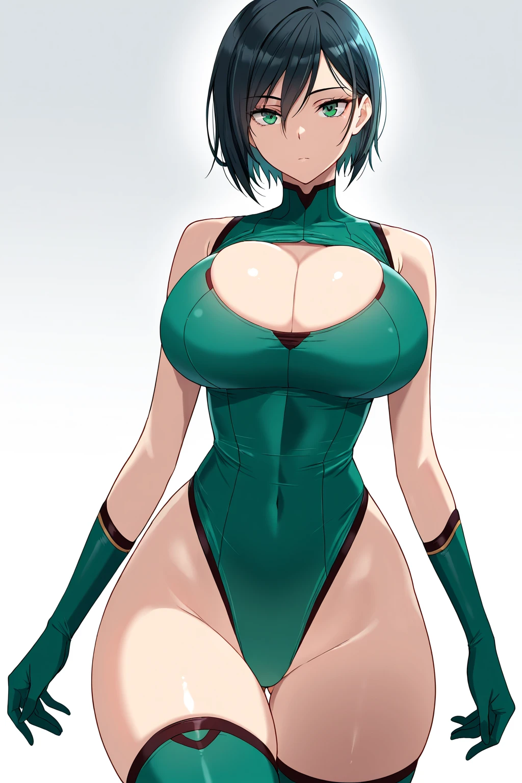 1girl, ?????????????, wide ????, thick thighs, green hair, very short hair, yellow eyes, smirk, smug, smile, one-piece swimsuit, competition swimsuit, black swimsuit, pool, sleeves, long sleeves, green trim, green line, ???? legs, neon trim, neon, tech