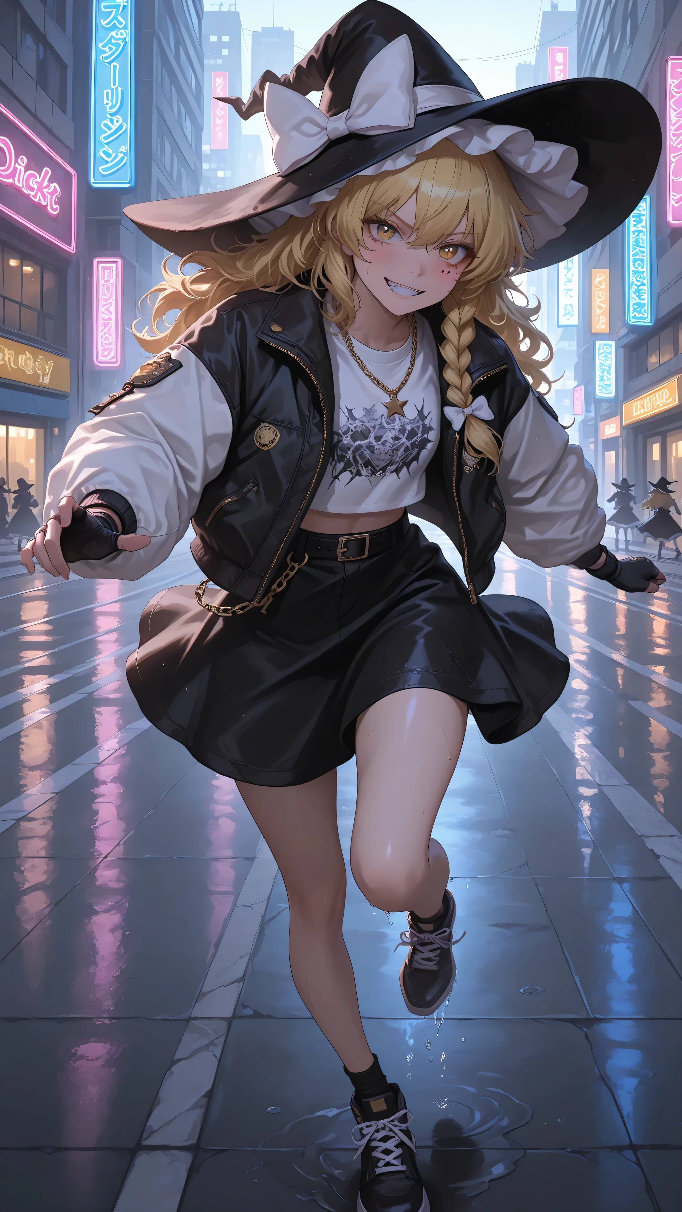 Kirisame Marisa, witch hat, white ribbon, black dress, white short sleeves shirt, black skirt, high quality, perfect photography, ultra-detailed, glitter eye makeup, dramatic long eyelashes,hip-hop idol fusion style, street-fashion outfit,  oversized bomber jacket, cropped top, baggy low-rise shorts with metallic trims, chunky neon platform sneakers, layered street accessories, chain necklace, fingerless gloves, rebellious confident expression, playful hip-hop pose, dynamic movement, rapper stage attitude,modern city night, neon lights reflecting on wet streets, urban background, dynamic movement,motion blur for speed effect,running,quick sprint