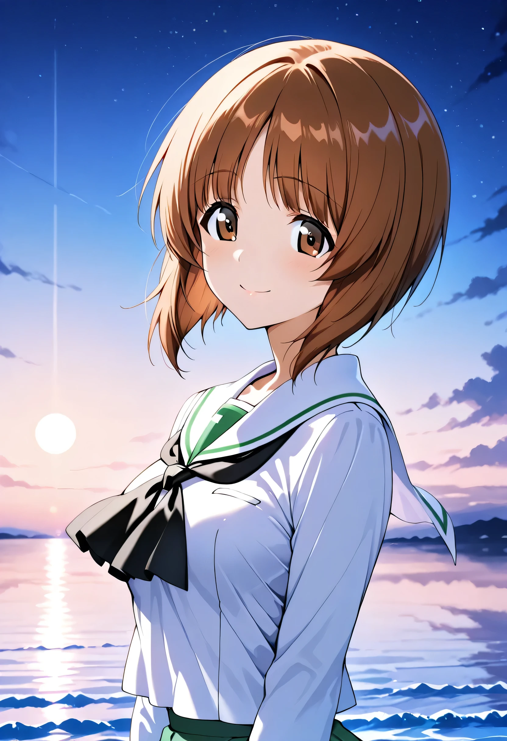 top quality、Good quality、Night Sky、Beautiful Moon、A lot★、horizon、standing on liquid、It's standing on the surface of the water 、 upper body、 center、 taken from the front 、smile, smiles on the vase、 closed mouth、Nishizumi Miho 、 ONE GIRL、solo 、 small breasts , Beautiful Brown Eyes, attractive brown eyes on a government ship、 beautiful brown hair , bob cut、uniform up、 ( Oarai uniform :1.3),White sailor collar, black neckerchief , white shirt, long sleeve , green skirt