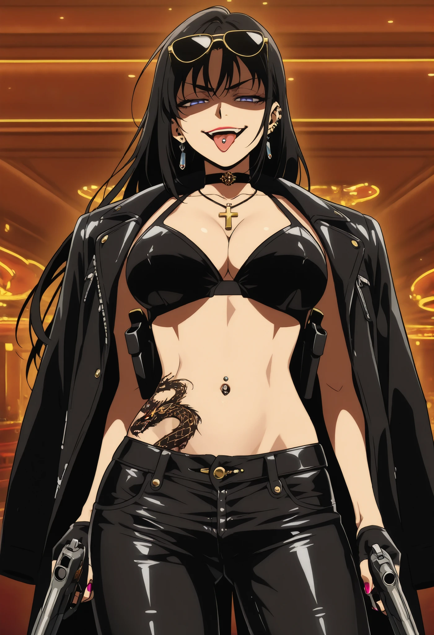 LuniaArden, long hair, black hair, dark blue eyes,, black bra, black gloves, half gloves, , captain coat on shoulder,  nail polish, ear piercing, long hair, , lipstick, Hot girl, baddie,, sensual, attractive ,choker , cross necklace, jewelry, earrings, bar background, inside bar, indoors, casino, shoulder holster, ,, navel piercing, sunglasses on head , solo , jacket ,  shoulders , , leather pants , dark brown , side inserts ,, weapon holder , weapon , fingerless gloves , leather ,, short , , belt , cowboy shot , masterpiece , best quality , highly detailed , a girls with a gun , evil smile , open mouth ,  gaze , badass pose , evil smile , smile , ()  , guns blazing , anime girl with long hair , beautiful long haired girl , navel , evil expression , exposed belly , exposed navel , exposed midriff , exposed lower belly , long black pants , cleavage , unbuttoned leather pants , open fly , low rise black leather pants , leather jacket , holding a gun , holding pistol , unbuttoned shirt , collared shirt , knot , pull_down leather pants , (show off panties , :1 . 2 , no panties) , pull_down long black pants , pull_down black leather pants , zip up leather jacket ,  top , navel piercing , cross-laced slit , tongue piercing , tongue out , open mouth ,  , medium large  , looking at viewer , dragon tattoo on waist , narrowed eyes , tattoo on waist , anipai_style , anime screencap , anime coloring , v-shape eyebrows ,