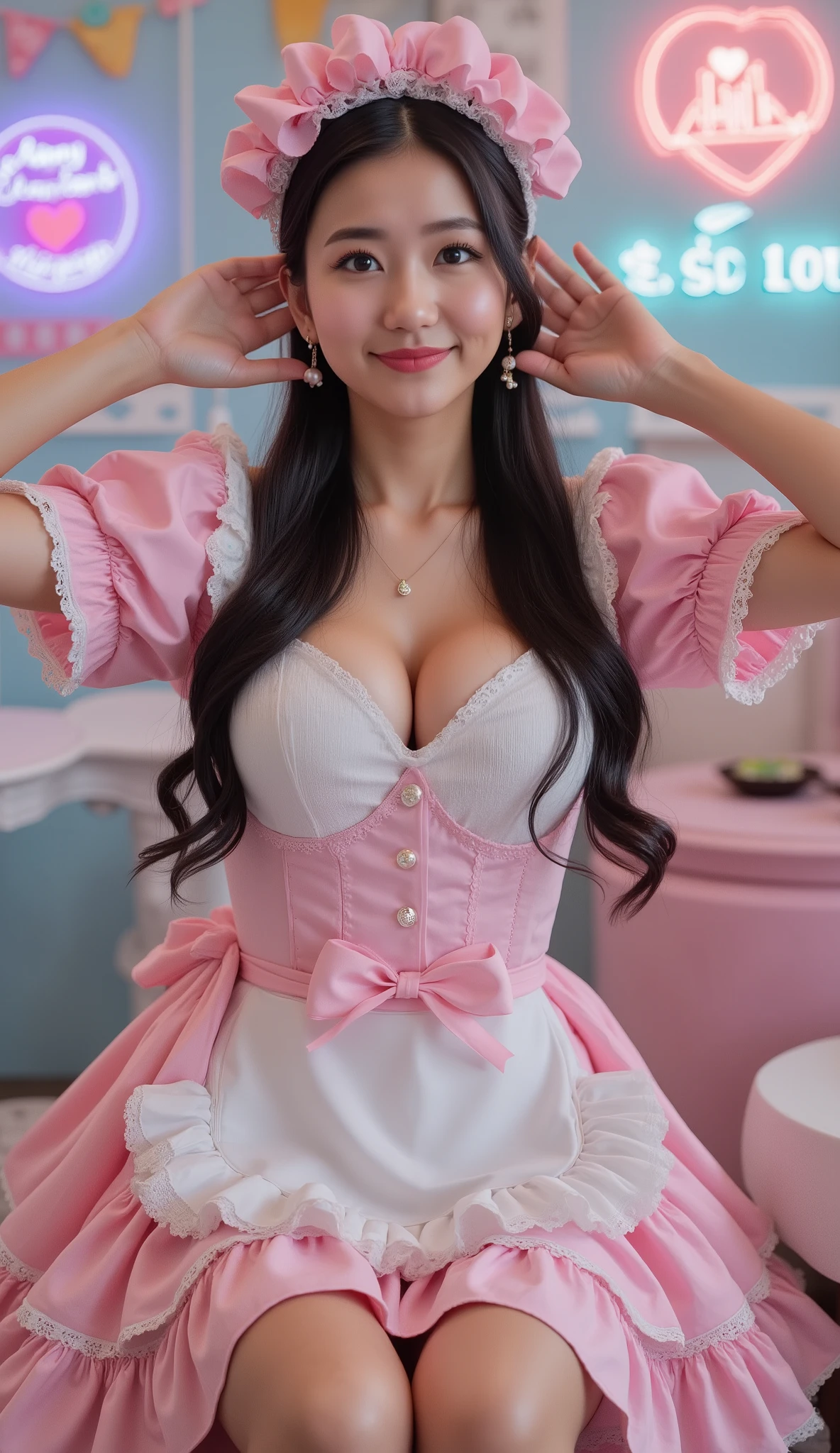 rinon ohshima, big breasts, perfect hands, cute hand gestures, over-the-top burikko-style personality, an elegant yet adorably exaggerated Japanese maid striking an ultra-cutesy pose.
She is squatting slightly while tilting her head with a shy pout and sparkling eyes, long flowing black hair adorned with oversized pastel ribbons and heart-shaped accessories.
Wearing an extremely frilly, hyper-decorated, over-the-top “buriburi” maid outfit: voluminous layered skirt, huge fluffy petticoats, giant pastel pink bows, lace-filled sleeves, extra ruffles everywhere, heart-shaped buttons, and a massive white frilled apron with pearl trim.
Her headband is a maximalist design with multiple bows, lace, pearls, and tiny decorative charms.
She places both hands behind her head in a playful burikko gesture, elbows slightly opened, giving a shy but irresistible cute smile.
Beautiful Asian model, graceful, charming, ultra-cutesy aura, soft skin texture, delicate facial features.
Set inside a pastel pink × sky-blue themed maid café decorated with hearts, ribbons, and soft glowing signage.
Soft, evenly distributed lighting creates a dreamy, intimate, cinematic atmosphere.
High-detail fashion-photography style, premium portrait, ultra-high-resolution, SeaArt style, cinematic softness, charming and cute aesthetic, hyper-adorable burikko-maid concept.