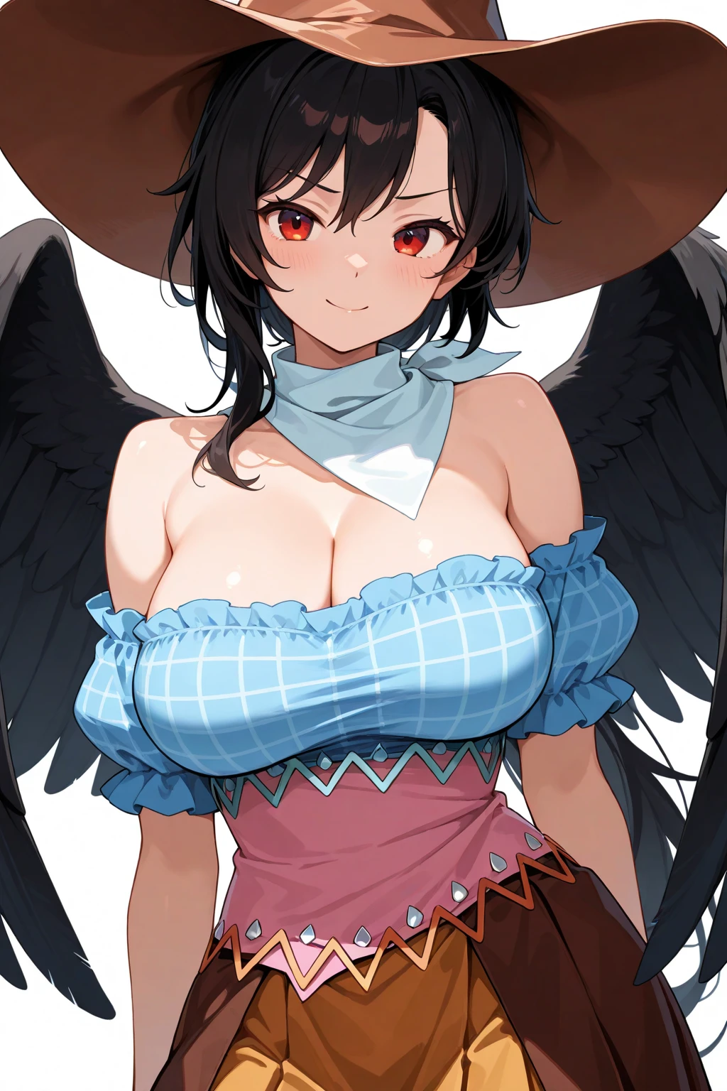 (masterpiece),best quality, expressive eyes, perfect face, 1girl,
big breast, H-cup, good breast, beautiful, gorgeous,anime,girl,lora, floating clothes, tent chest ,
 nipple visible  though clothes,Saki Kurokoma,
red eyes,
black hair,
short hair,
long ponytail,
black wings,
black horse tail,
brown cowboy hat,
brown boots,
light blue plaid shirt,
light pink shirt,
brown plaid skirt,
light orange skirt,
shoulders,
white bandana tied around neck,crazy smile,yameroyandere,yandere,crazy eyes,dark,glowing eyes,shaded face,empty eyes,w sitting, w sitting on ground,legs on ground,arms between legs, hands between thighs,both arms between legs