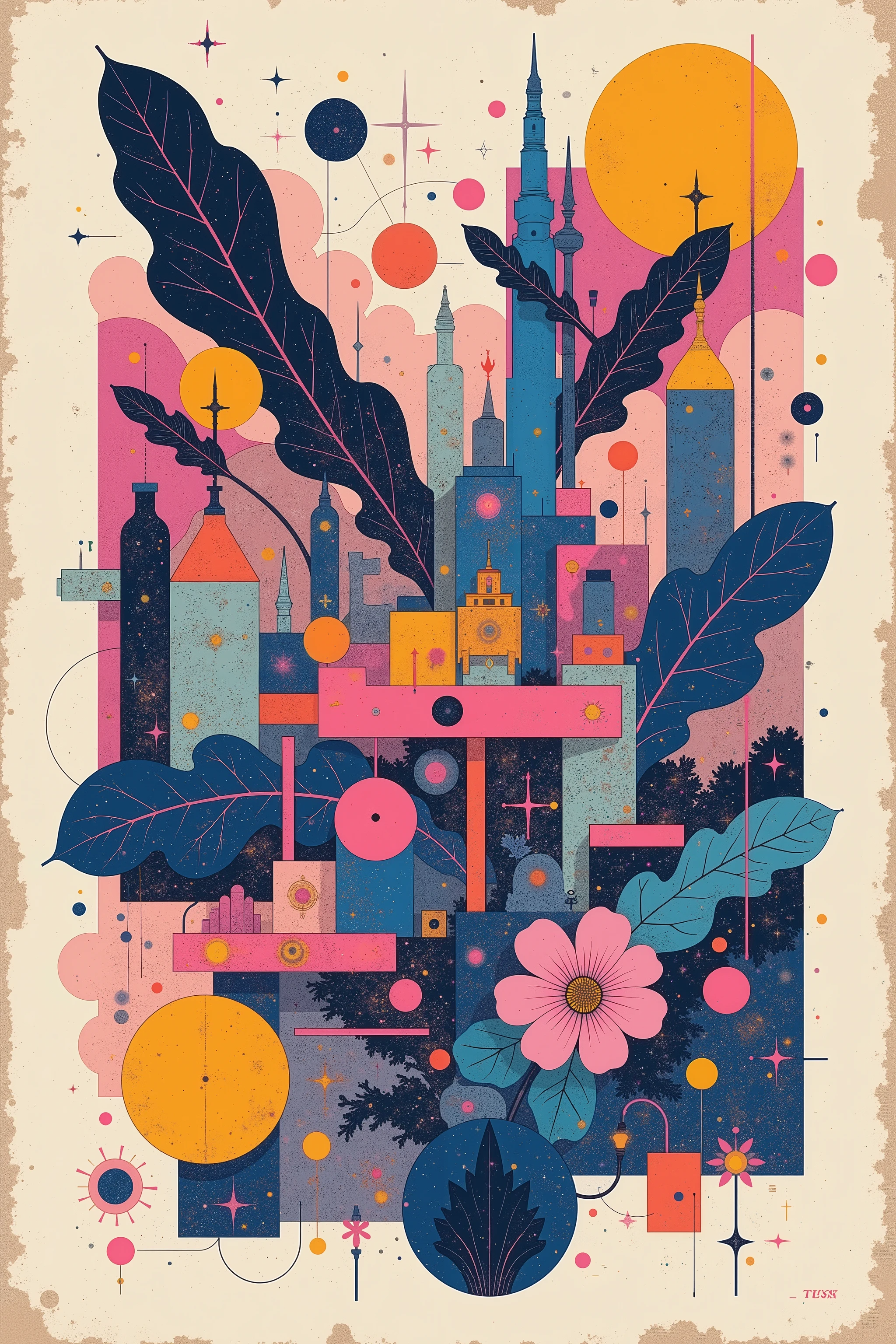 CMYK palette, printed poster style, matte ink, offset print aesthetic