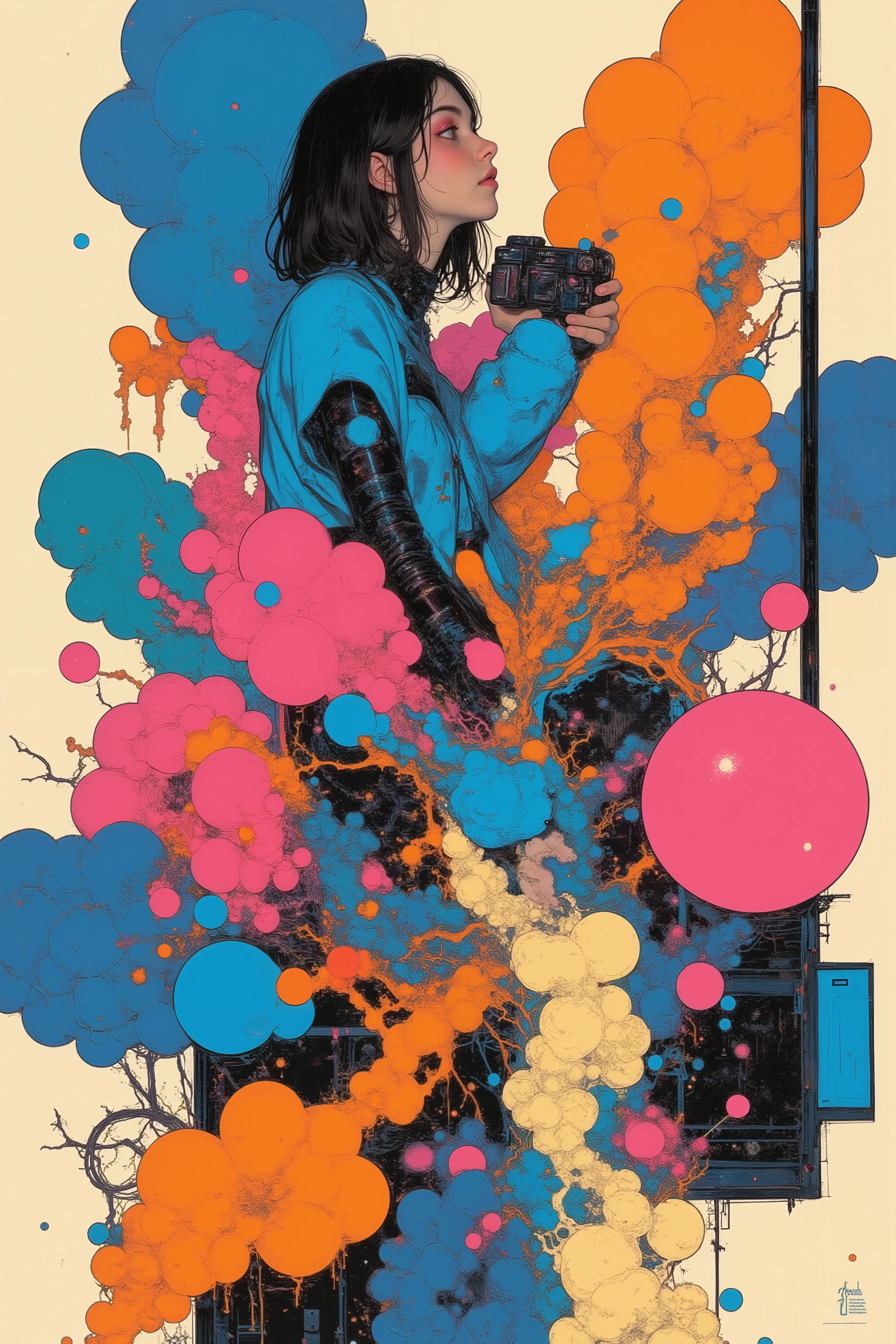 CMYK palette, printed poster style, matte ink, offset print aesthetic