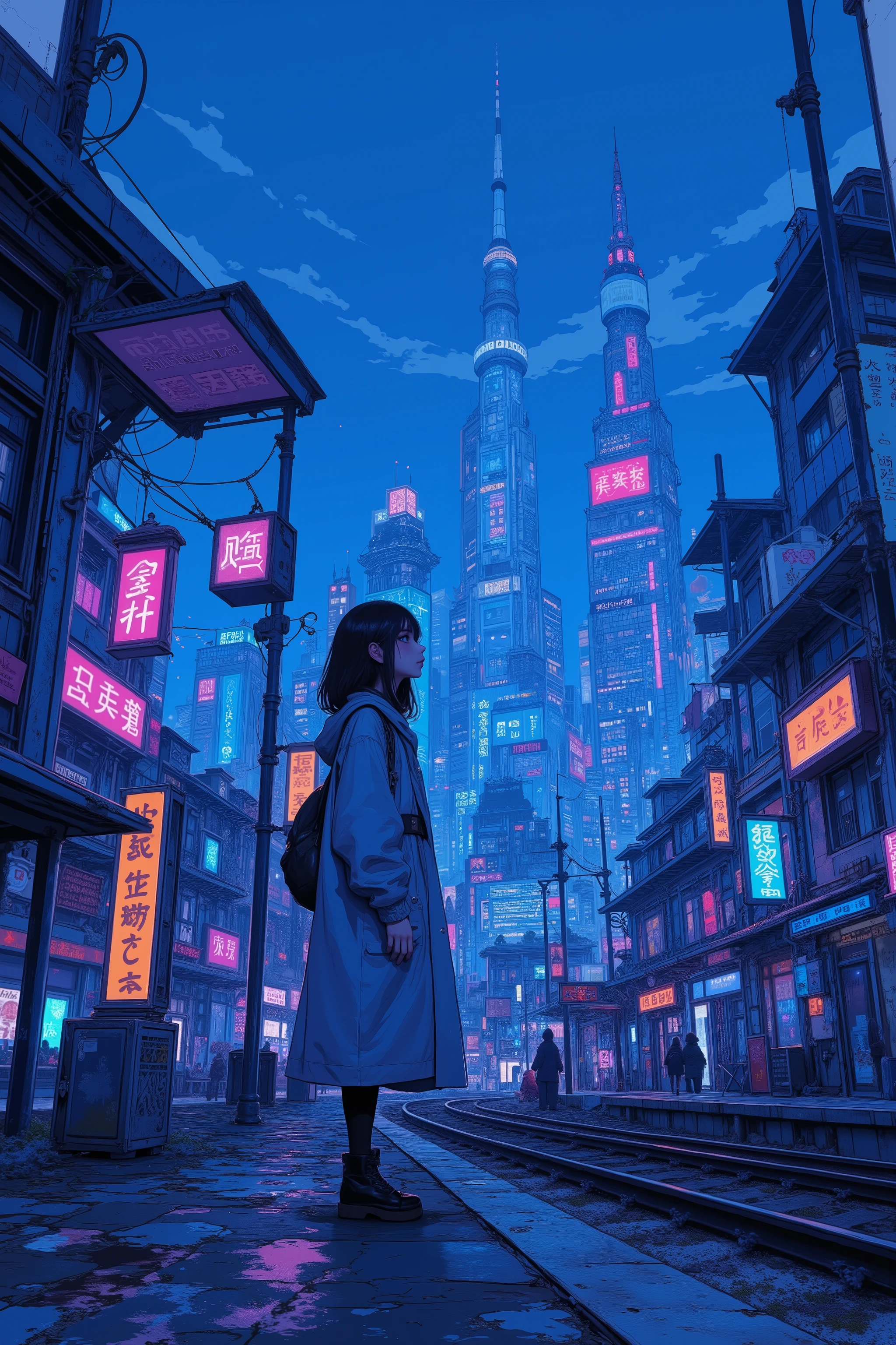 CMYK palette,  駅のホームで待っている女の子のpixels wideアートシーン, CMYK palette,   loffy girl  ,   驚くべきpixels wideアート  ,  pixels wideアニメーションスタイルの都市風景  , Blue Hour in the Evening,pixels wideアニメーション静止画アニメ色紙    , pixels wideゲームイラスト  , mamoru hosoda,   Aesthetic from 90s game Aesthetic 、pixels wide  