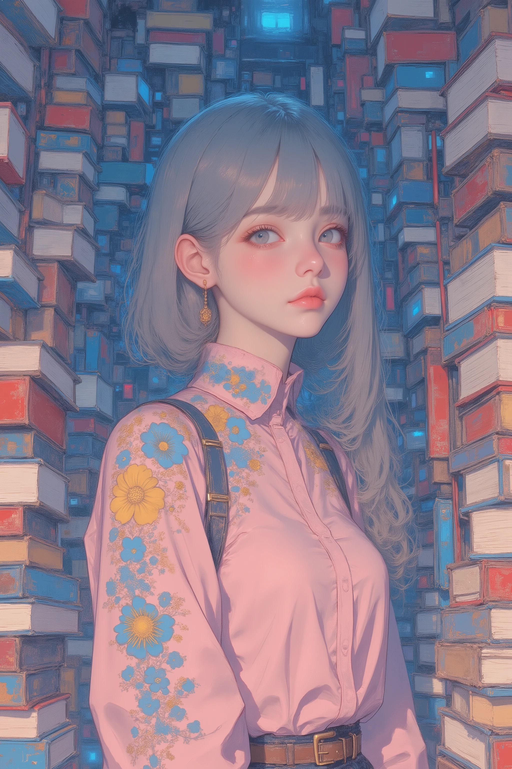 CMYK palette,anime-style illustrations,A young woman with light blue hair is depicted on her light pink shirt,probably late teens,peeking from behind an overwhelming mountain book,彼女のライトPinkのシャツには、with intricate blue and yellow floral patterns on her shoulders and arms,her head is pointing slightly downward,eyes looking to the right with a soft gaze,Slightly shy expression,have reddish cheeks,are different in size and color,above A bright white background suggesting a light source from,an atmosphere like claustrophobia,Warm environment,the color is mainly dull blue,Pink, and an earth tone,bright white background suggesting a light source from above,The overall atmosphere is quiet and thoughtful, are you indulging in thoughts、feeling surrounded by knowledge,